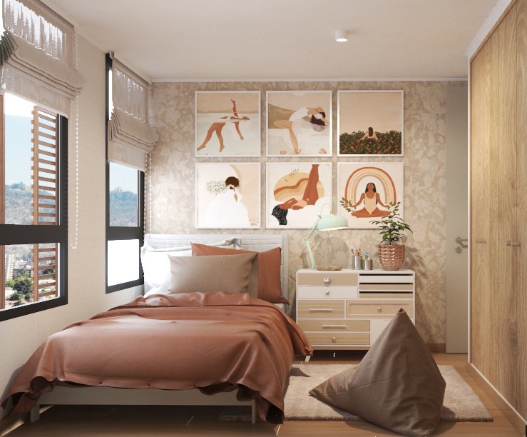 A cozy bedroom with a bed, pinkish-brown bedding, and beige pillows. There are three windows with curtains on the left, allowing natural light. A white dresser with a potted plant and a lamp is beside the bed. Artwork featuring women doing yoga or st