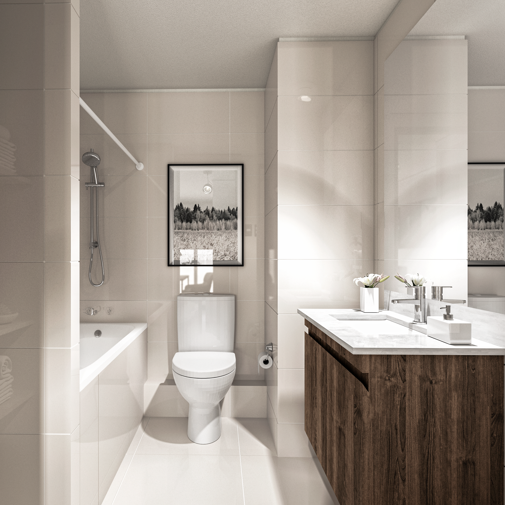 Modern bathroom with bathtub, toilet, and wooden vanity with sink, decorated with flowers, and framed black and white landscape photo on the wall.