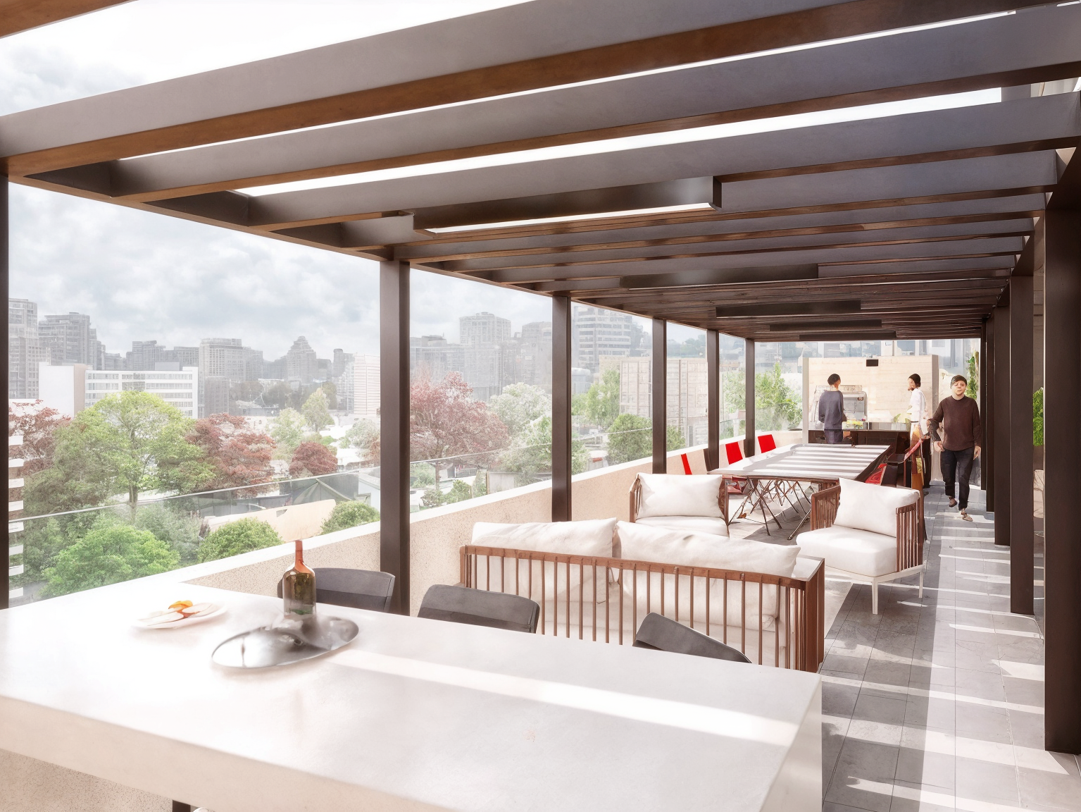 Modern rooftop terrace with outdoor seating and a view of city buildings and trees, featuring a dining table, chairs, and a seating area with white cushions.