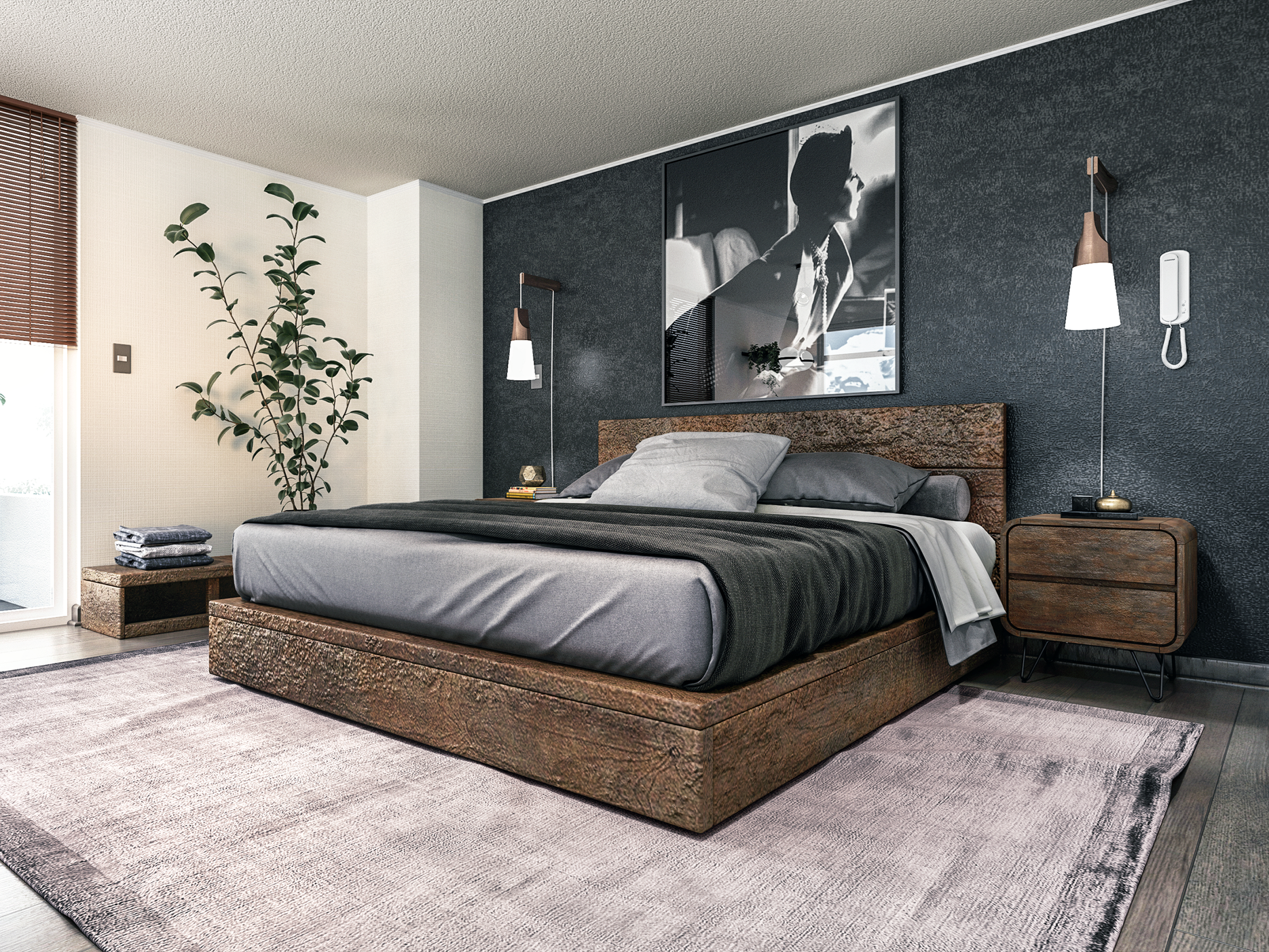Modern bedroom with a large bed featuring a wooden frame, gray bedding, and multiple pillows. A large black and white photo hangs above the headboard. Two wall-mounted pendant lights and a nightstand with a lamp and clock are beside the bed. A tall leafy plant is in the corner near sliding glass doors with wooden blinds, and there's a light-colored area rug on the hardwood floor.