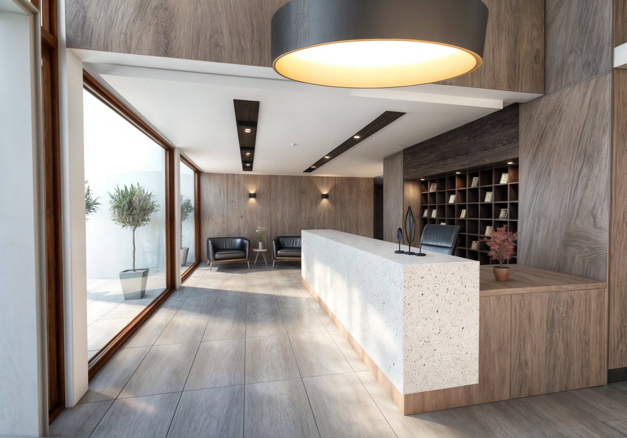 Modern hotel lobby with large window, black seating, wooden shelves, and a white reception counter with minimalist decor.
