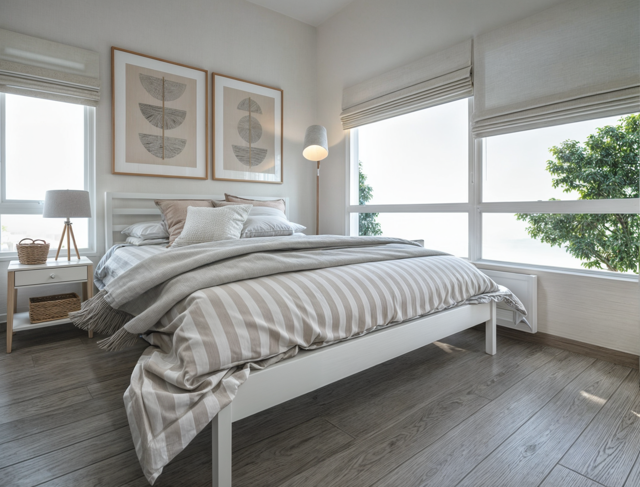 A neatly made bedroom with a white bed, beige and white striped bedding, and multiple pillows, next to large windows with white blinds, a nightstand with a lamp and basket, and framed abstract art on the wall.