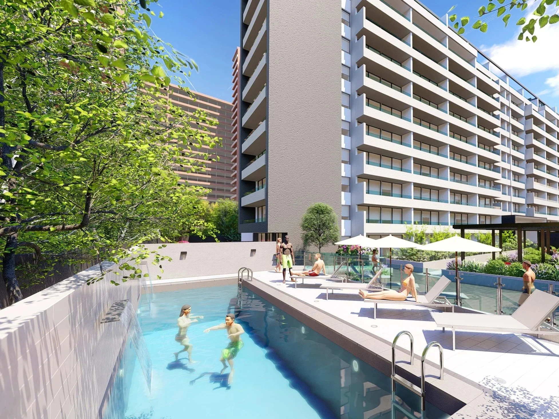 Modern apartment complex outdoor swimming pool with people relaxing and swimming, surrounded by lounge chairs, umbrellas, and greenery.