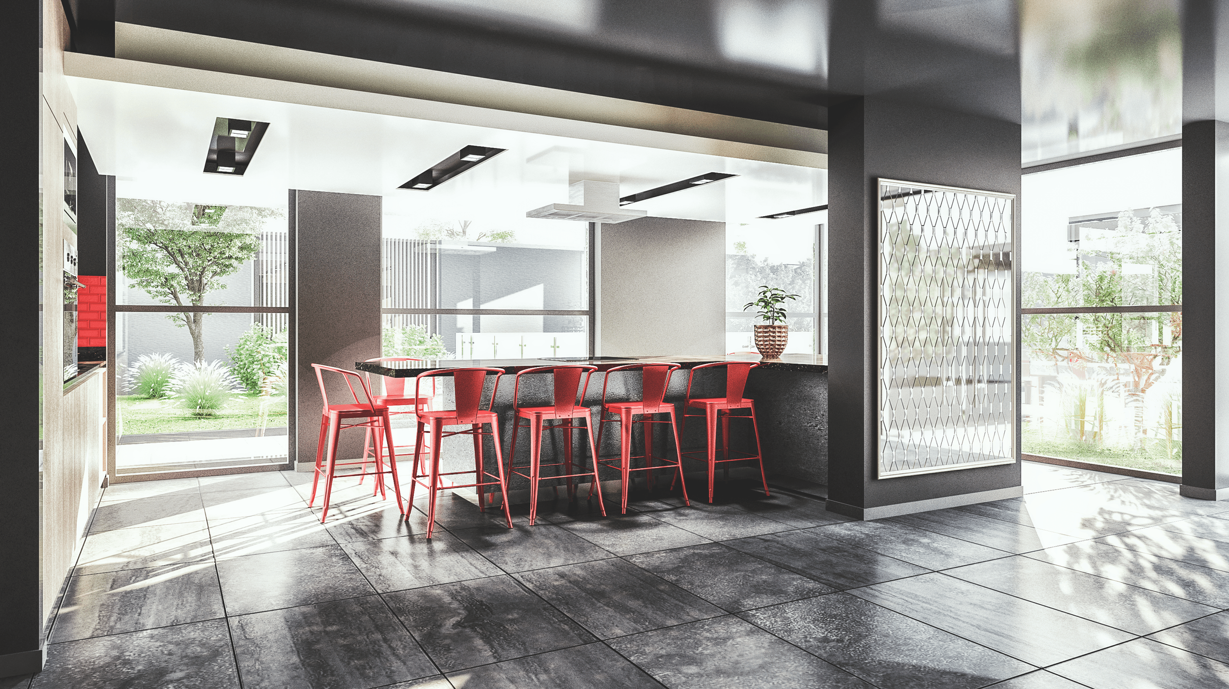 Modern kitchen or dining area with a bar counter and red chairs, large windows with view of outdoor greenery and trees, gray tiled floor, and contemporary ceiling lights.