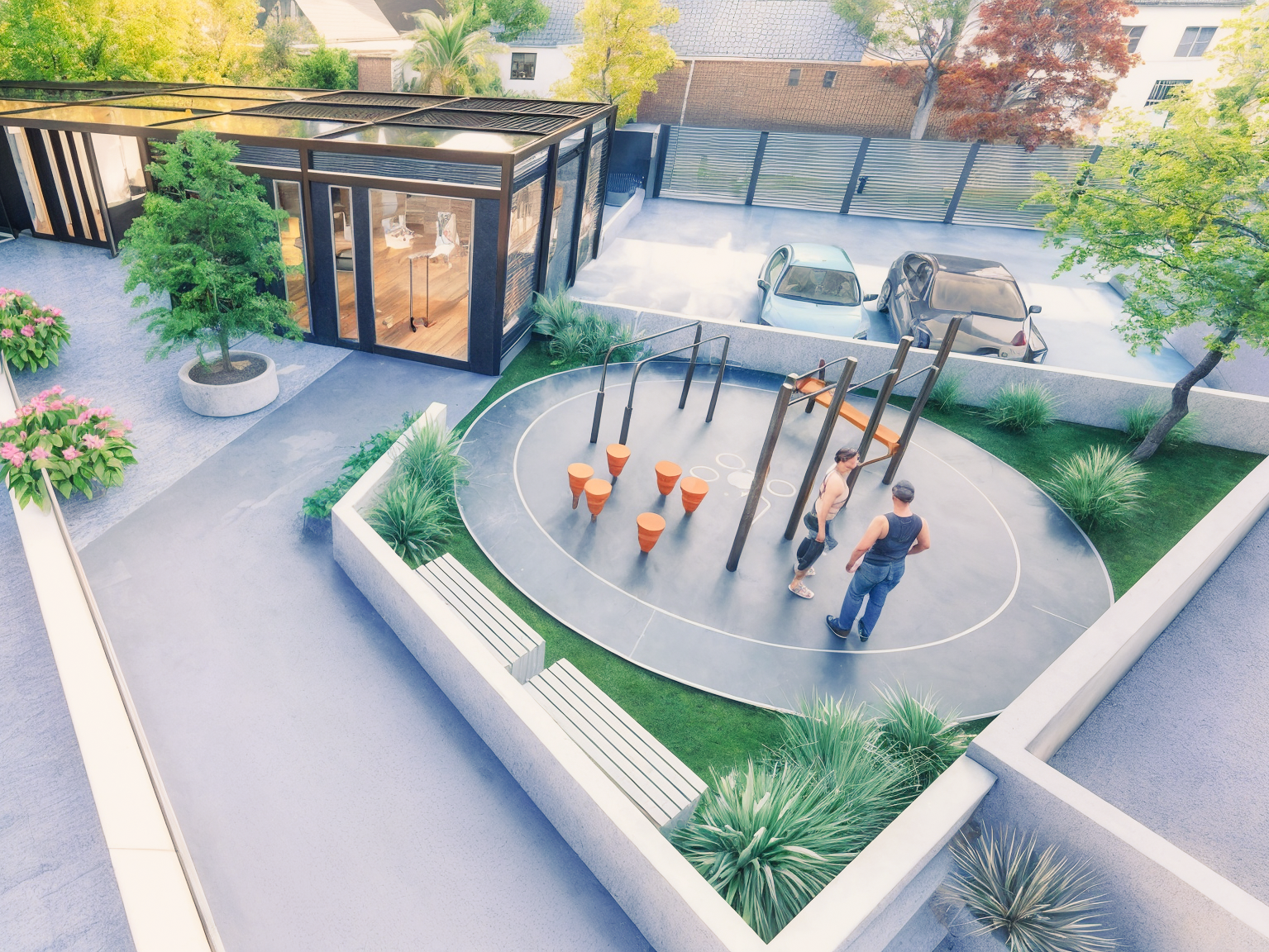 A rooftop outdoor gym with swing bars, seating benches, and greenery, with two people talking.