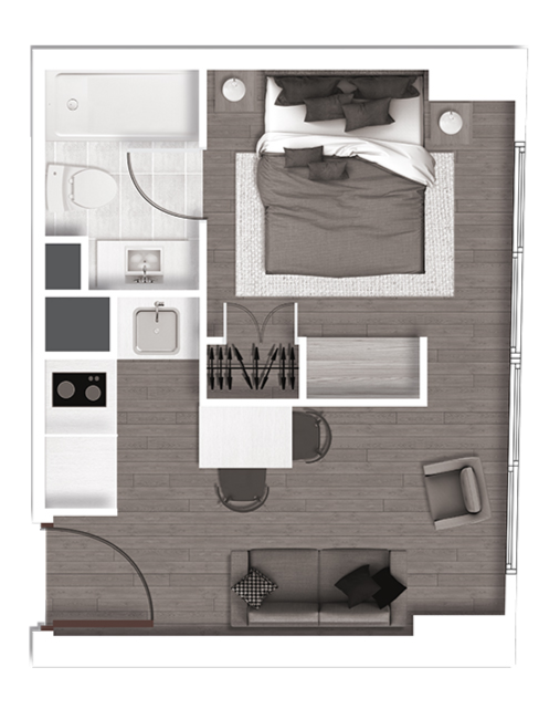 Top-down view of a small apartment layout featuring a bedroom, living area, kitchen, bathroom, and small dining space. The bedroom has a bed with pillows, nightstands, and a rug. The living area has a sofa, chair, and throw pillows. The kitchen includes a sink, stove, and countertops, while the bathroom has a shower, toilet, and sink.