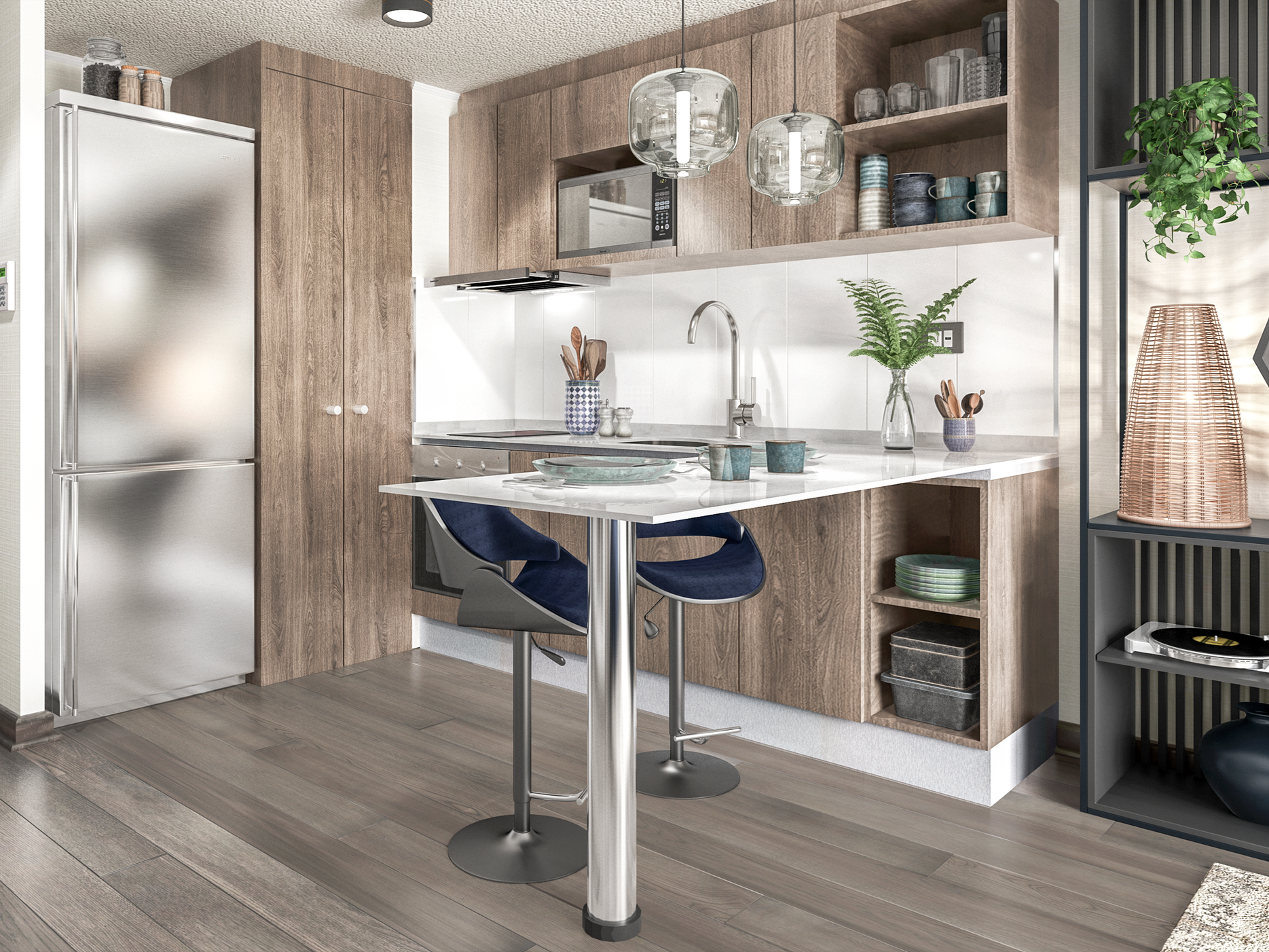 Modern kitchen with wood cabinets, stainless steel refrigerator, white countertop, black stools, open shelving with dishes, and decorative plants.