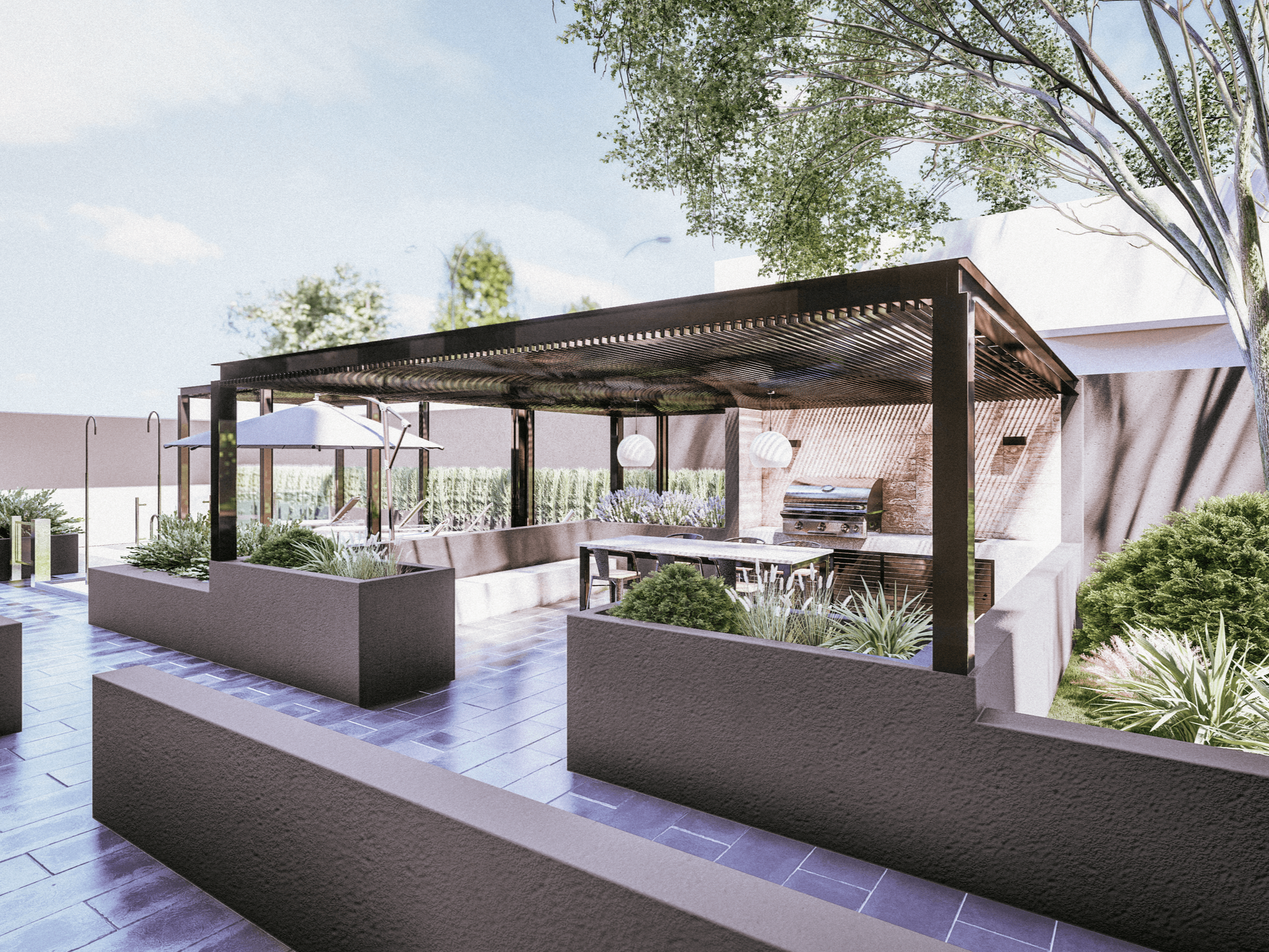 Outdoor patio area with a modern pergola, seating, barbecue grill, and surrounding greenery.