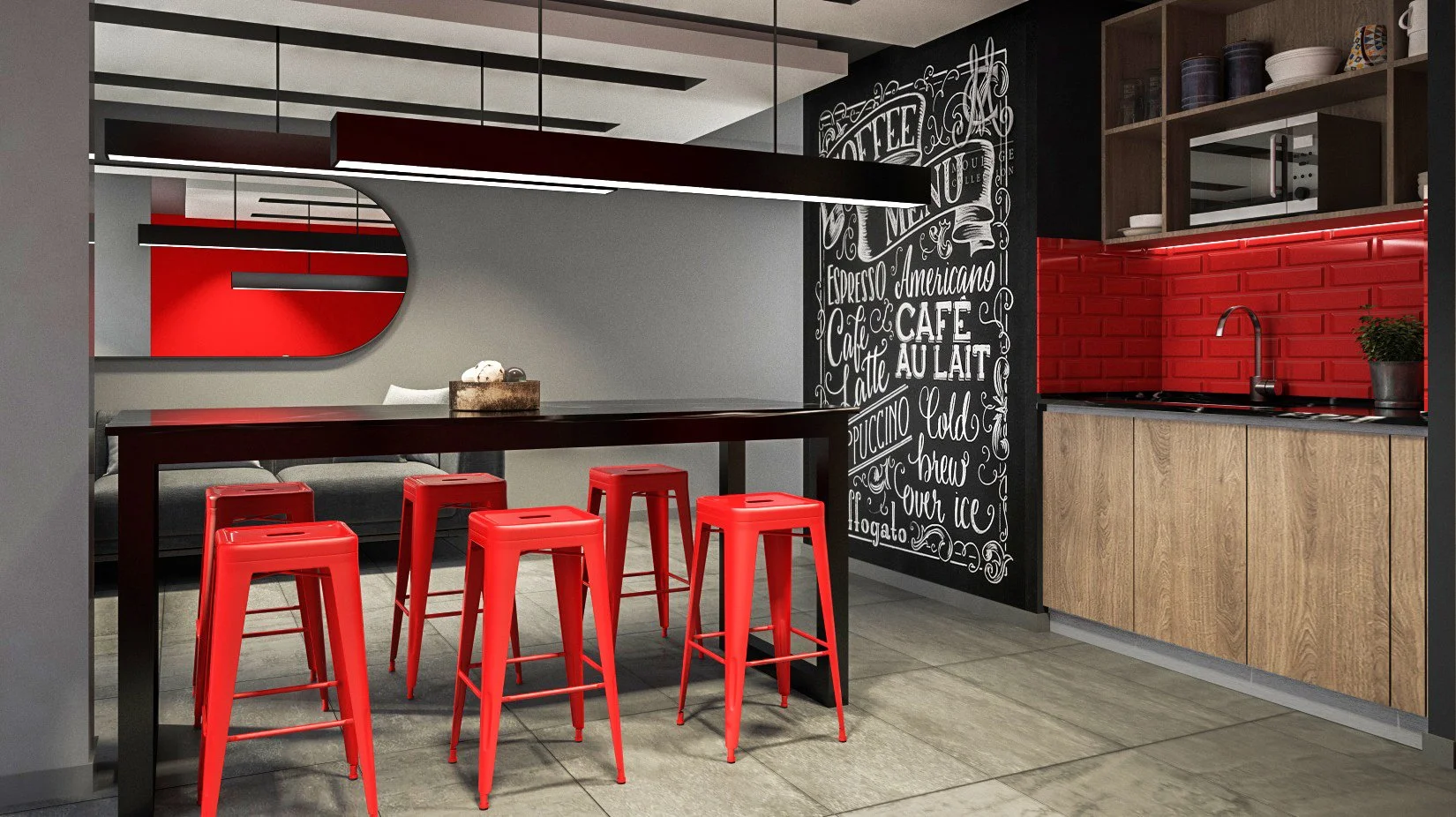 Modern kitchen and dining area with a high table and red stools, red brick backsplash, black chalkboard wall with coffee-related drawings, and open wooden shelving with plates and mugs.