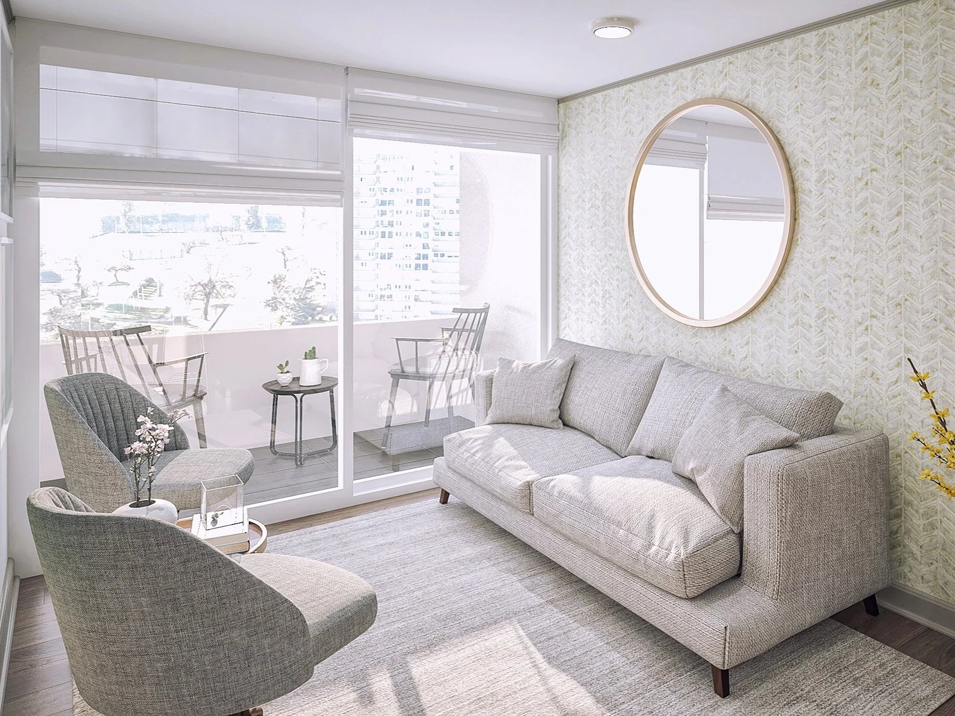Bright living room with a light-colored sofa, two matching armchairs, and a large round mirror on the wall. Sliding glass doors lead to a balcony with outdoor chairs and small tables, overlooking a cityscape.
