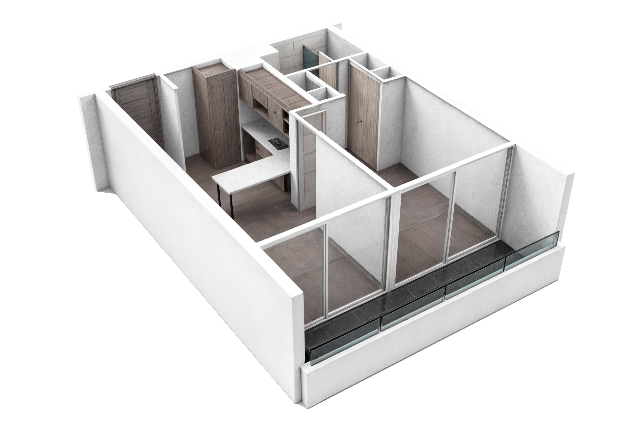 3D model of a modern apartment interior with kitchen, living space, and balcony.
