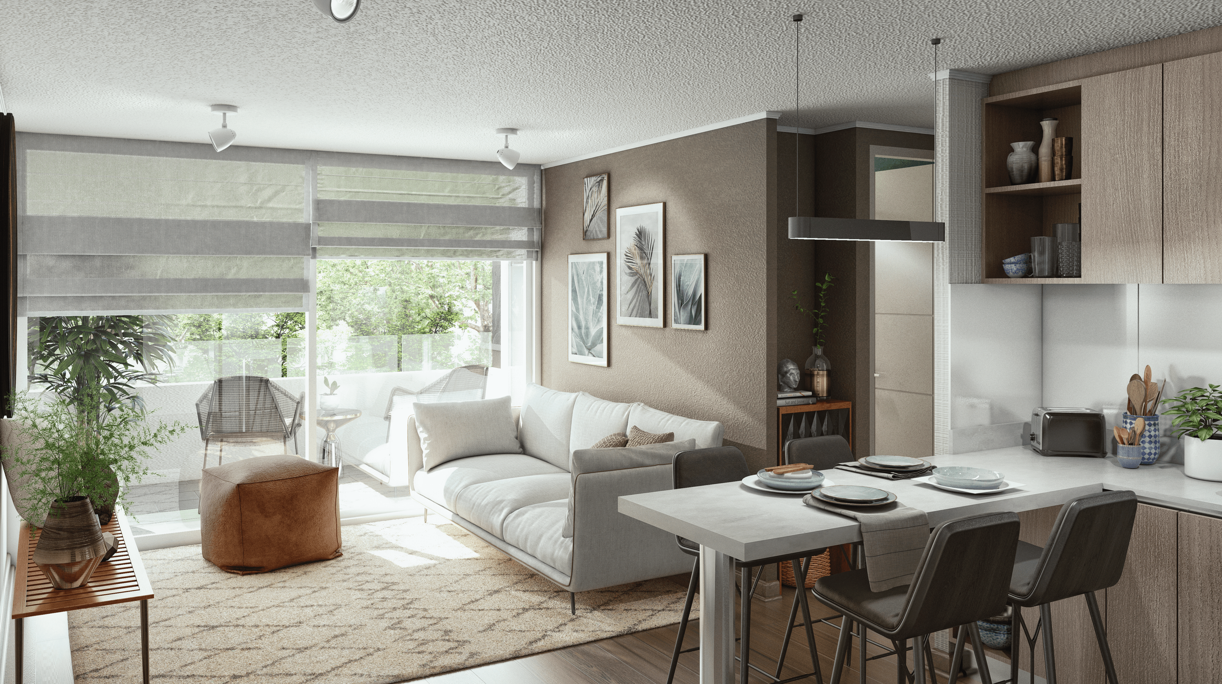 Modern living room with a beige sofa, art wall, plants, and a balcony with outdoor seating. Adjacent kitchen with dining table, chairs, and kitchenware, natural light streaming in.