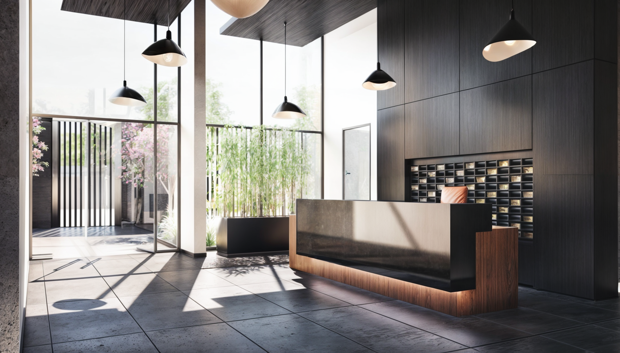 Modern hotel lobby with dark wood accents, a reception desk with a sleek black front, large windows letting in natural light, hanging pendant lights, and potted plants outside and inside.