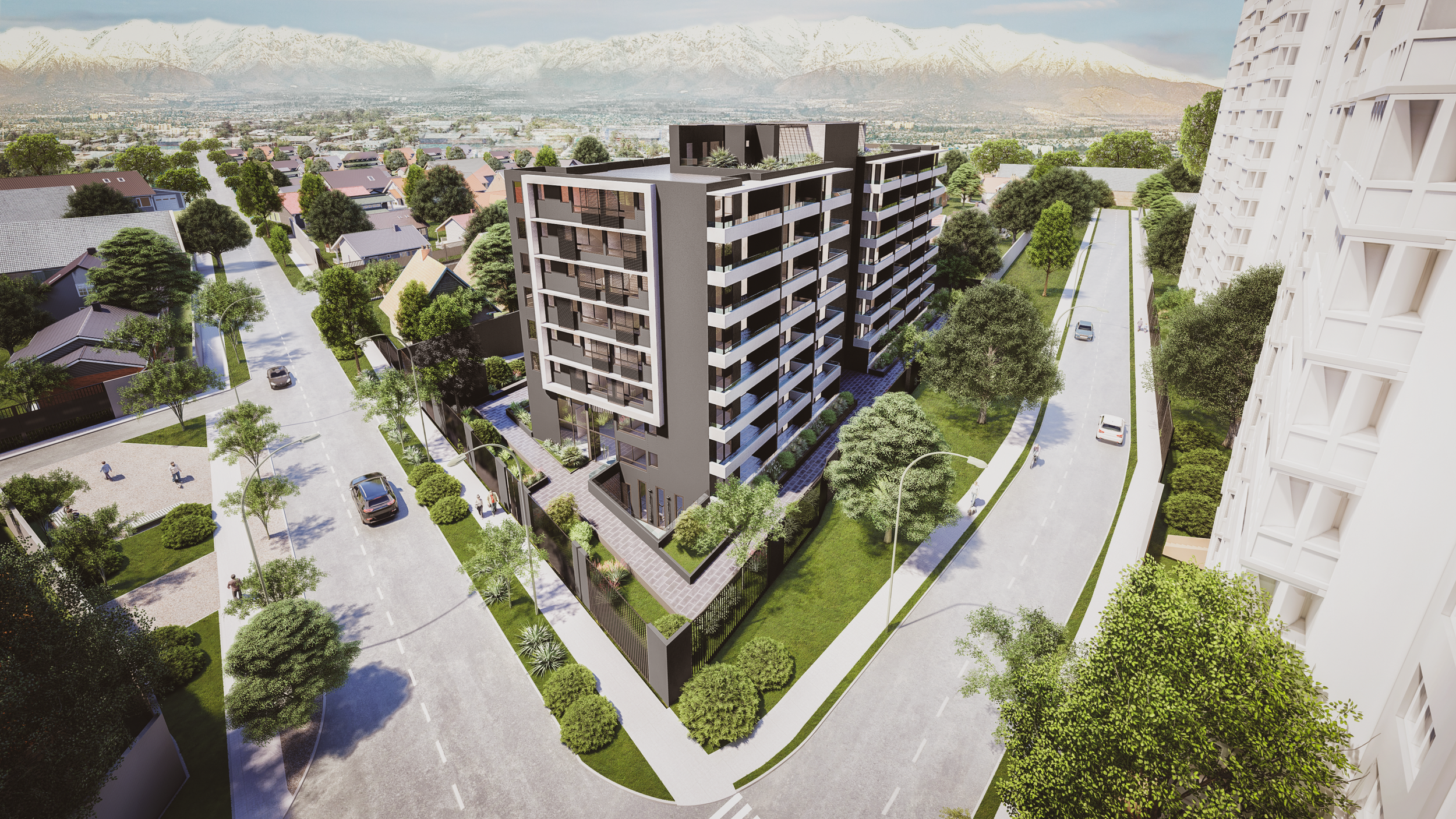 A modern multi-story apartment building with balconies, surrounded by a green landscape, on a city street with cars and pedestrians, with snow-capped mountains in the background.