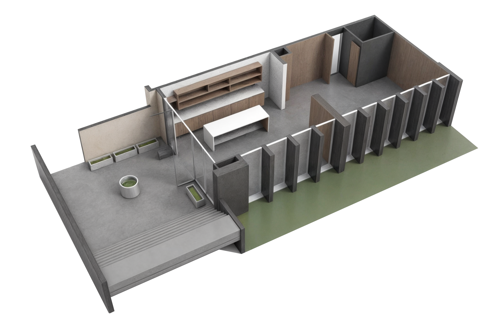 Architectural 3D rendering of a modern interior space with a small outdoor patio area, wooden partitions, and minimalist furniture.