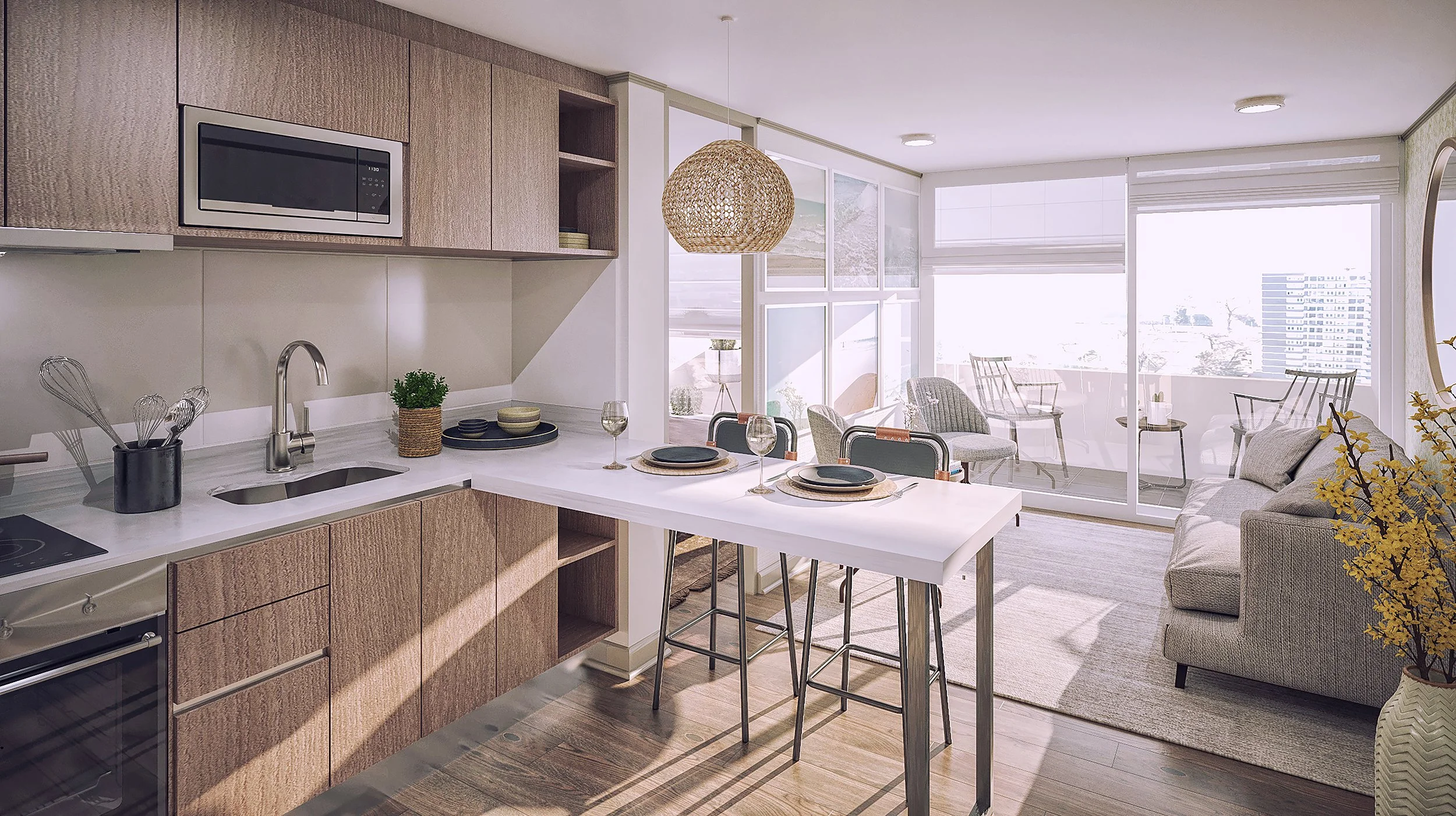 Modern open-concept kitchen and living room with dining area, beige couch, balcony with outdoor seating, and large windows letting in natural light.