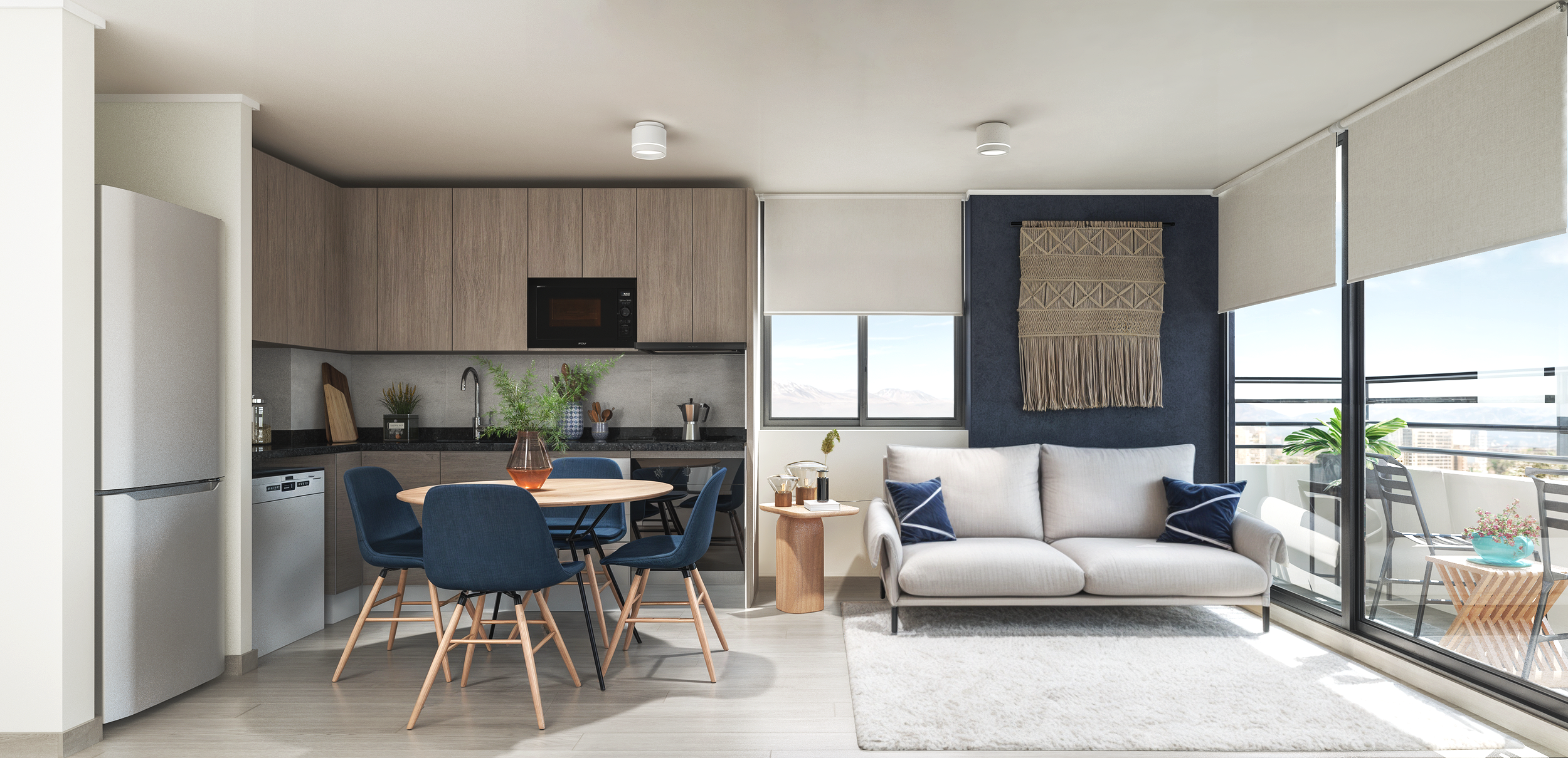 Modern living room and kitchen with white sofa, dining table with blue chairs, balcony with outdoor furniture, and large windows with city view.