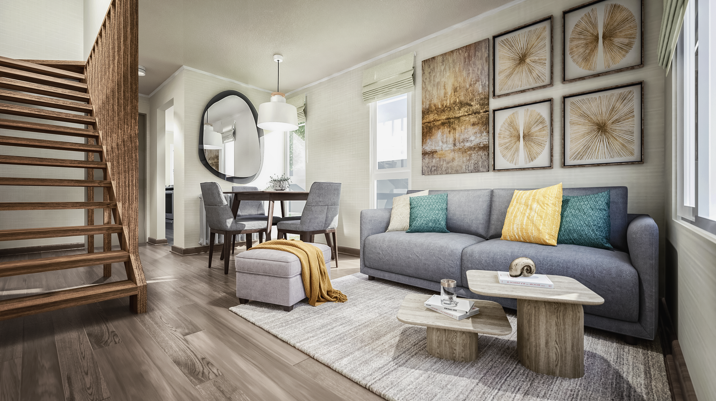 Living room with gray sofa, yellow and teal pillows, wooden coffee tables, a gray ottoman with a yellow throw, wall art with abstract shapes, a dining table with four gray chairs, a large mirror, and a wooden staircase on the left side.