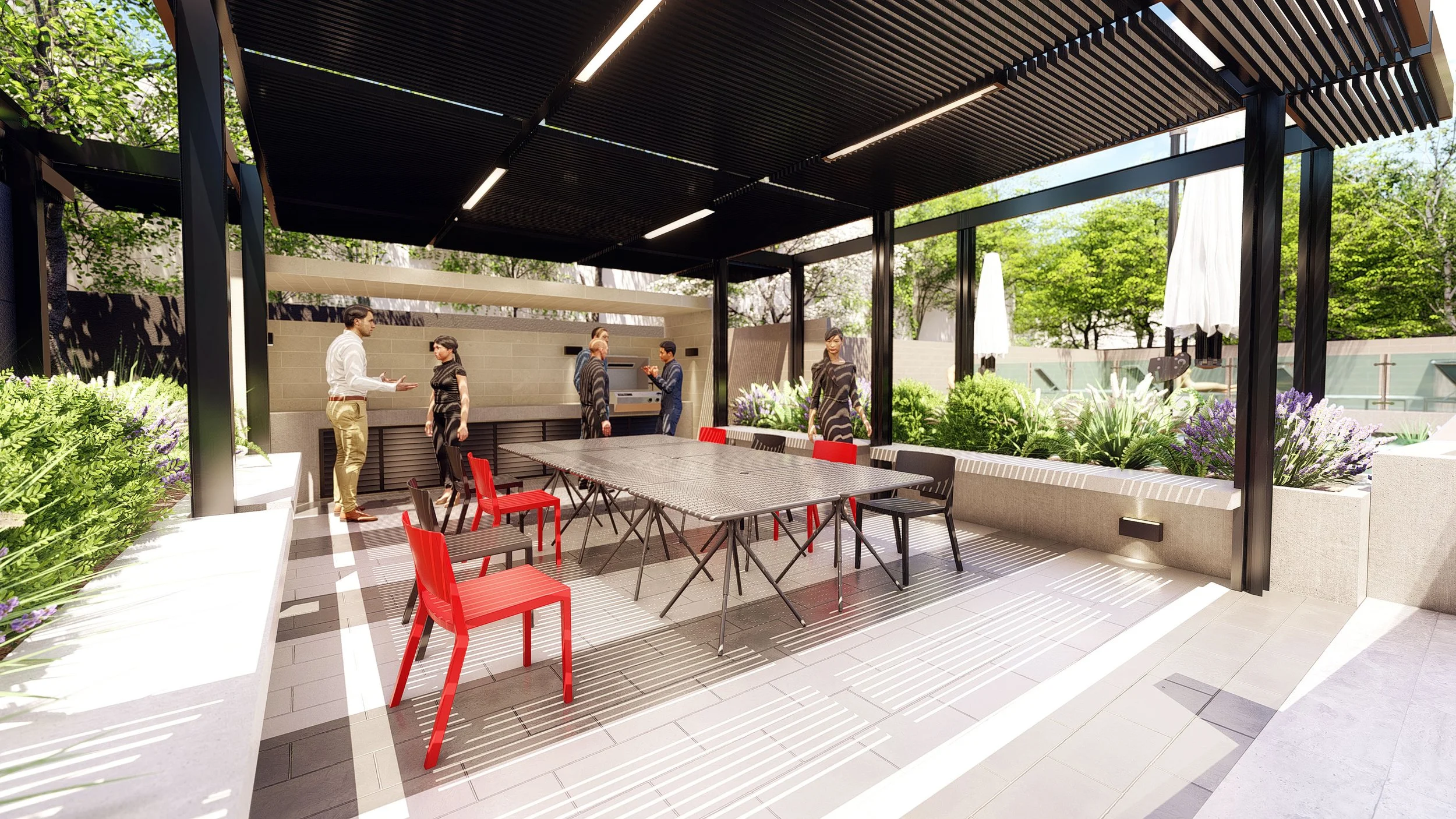 Modern outdoor patio with a large table and red and black chairs, surrounded by greenery and a roof with integrated lighting, with five people socializing and a built-in grilling area.
