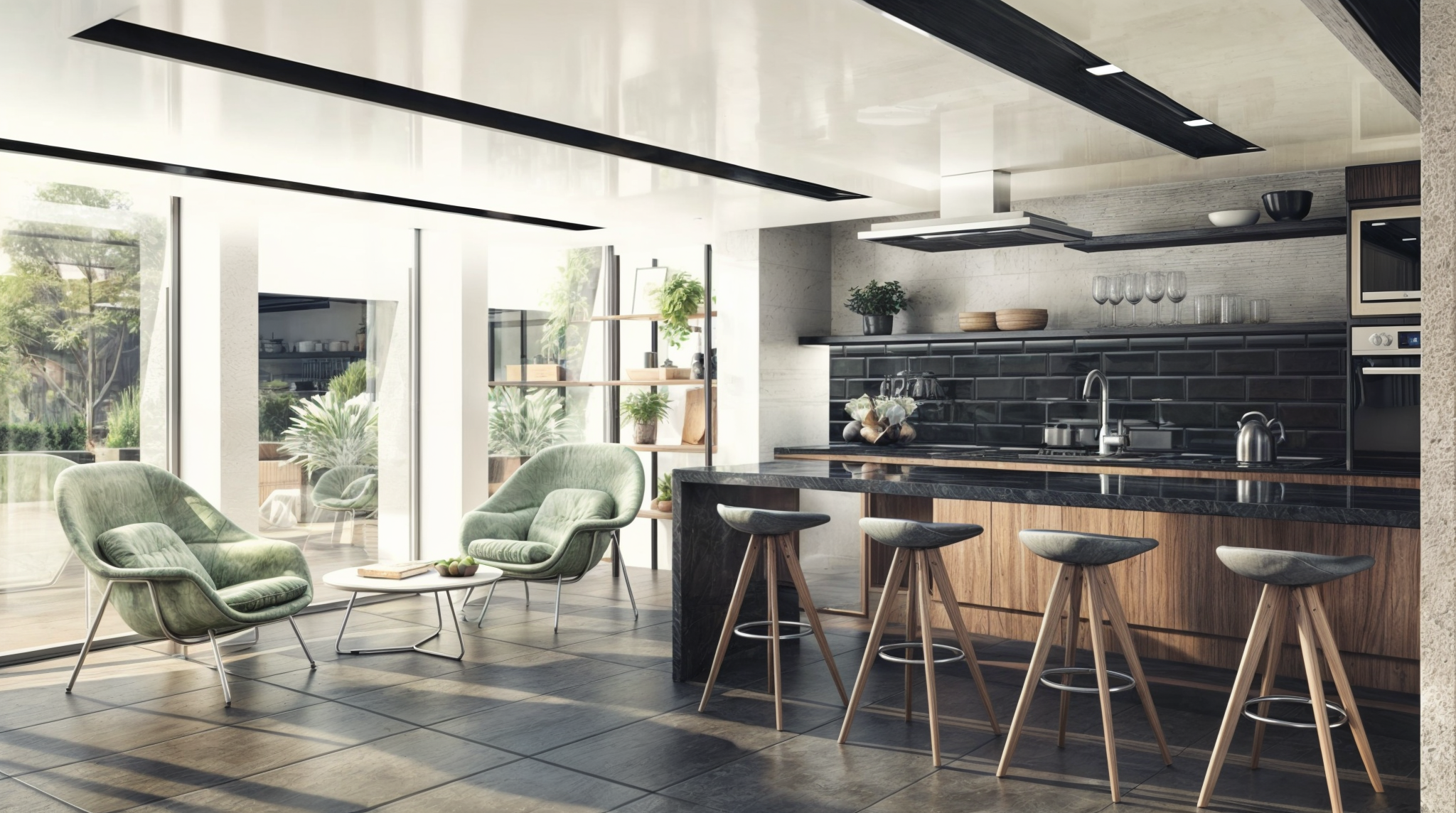 Modern open-concept living room and kitchen with green lounge chairs, a marble kitchen island with four stools, black subway tile backsplash, and open shelves with plants and glassware, large windows letting in natural light.