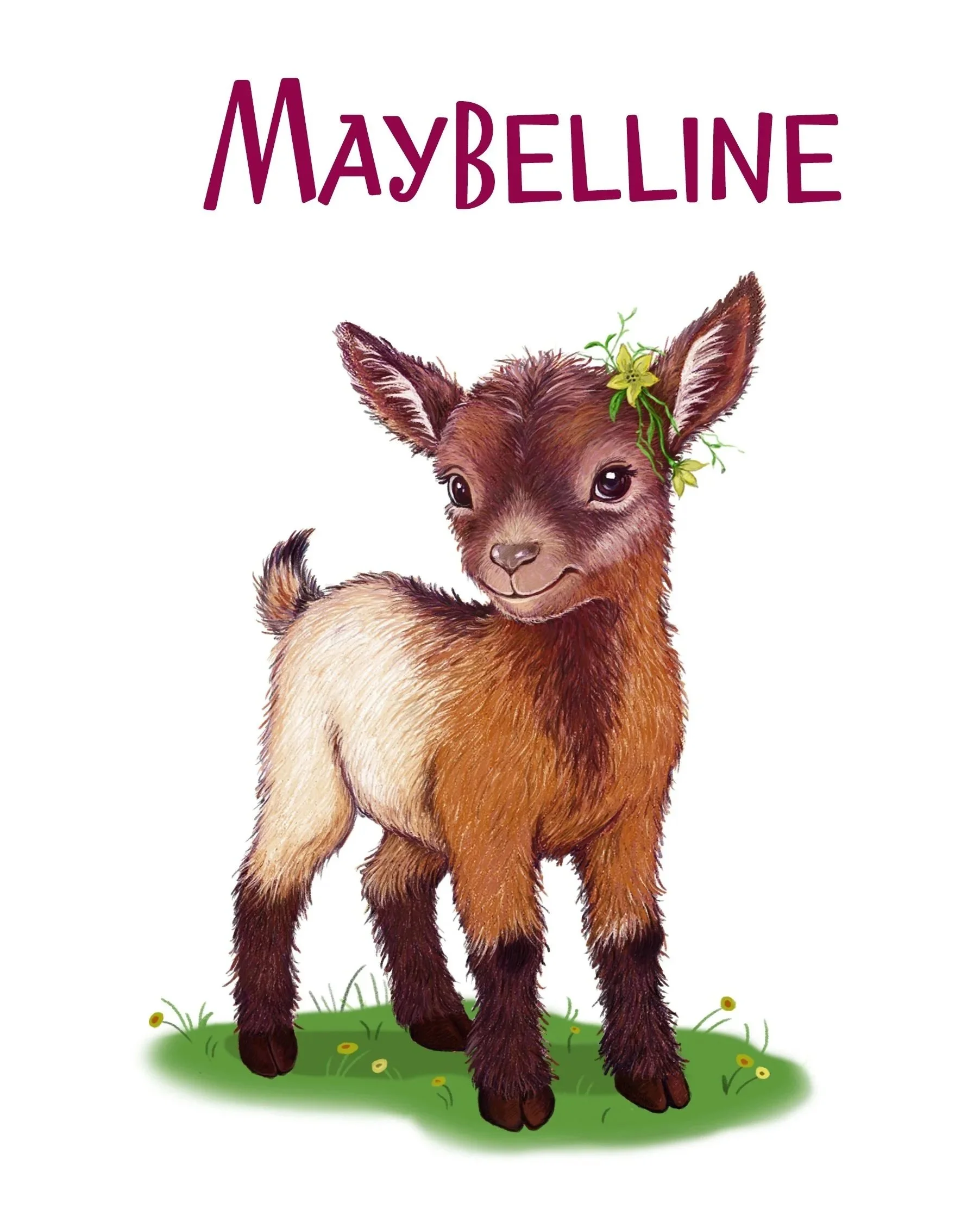 Maybelline the happy brown and white baby goat with flower in her ear