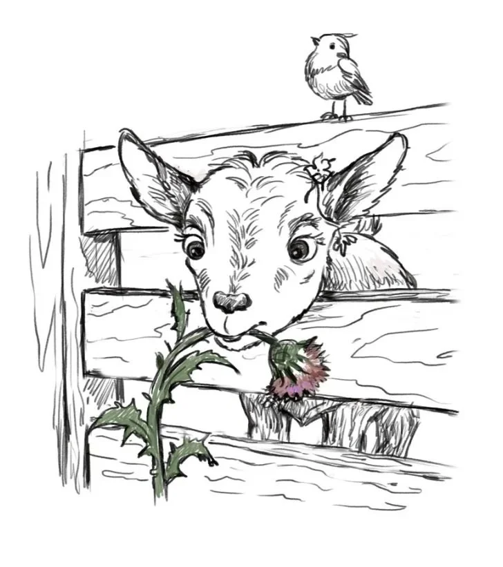 A young goat stuck in a wooden fence, holding a pink thistle in her mouth, with a small bird perched on the fence above.
