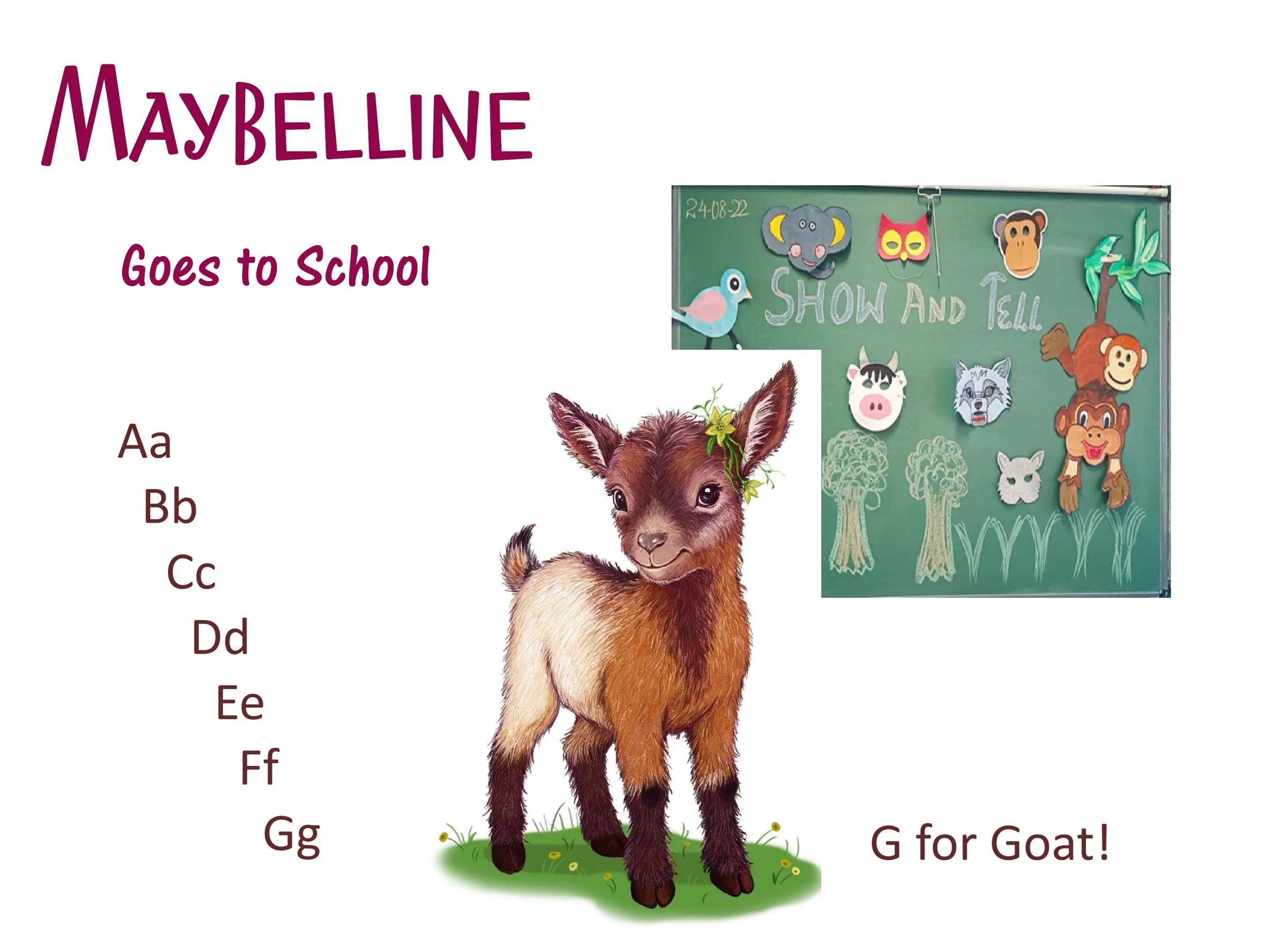 A children's alphabet and animal learning poster featuring the letter G and a picture of a goat, with a classroom blackboard showing animal faces and the words 'Show and Tell'.