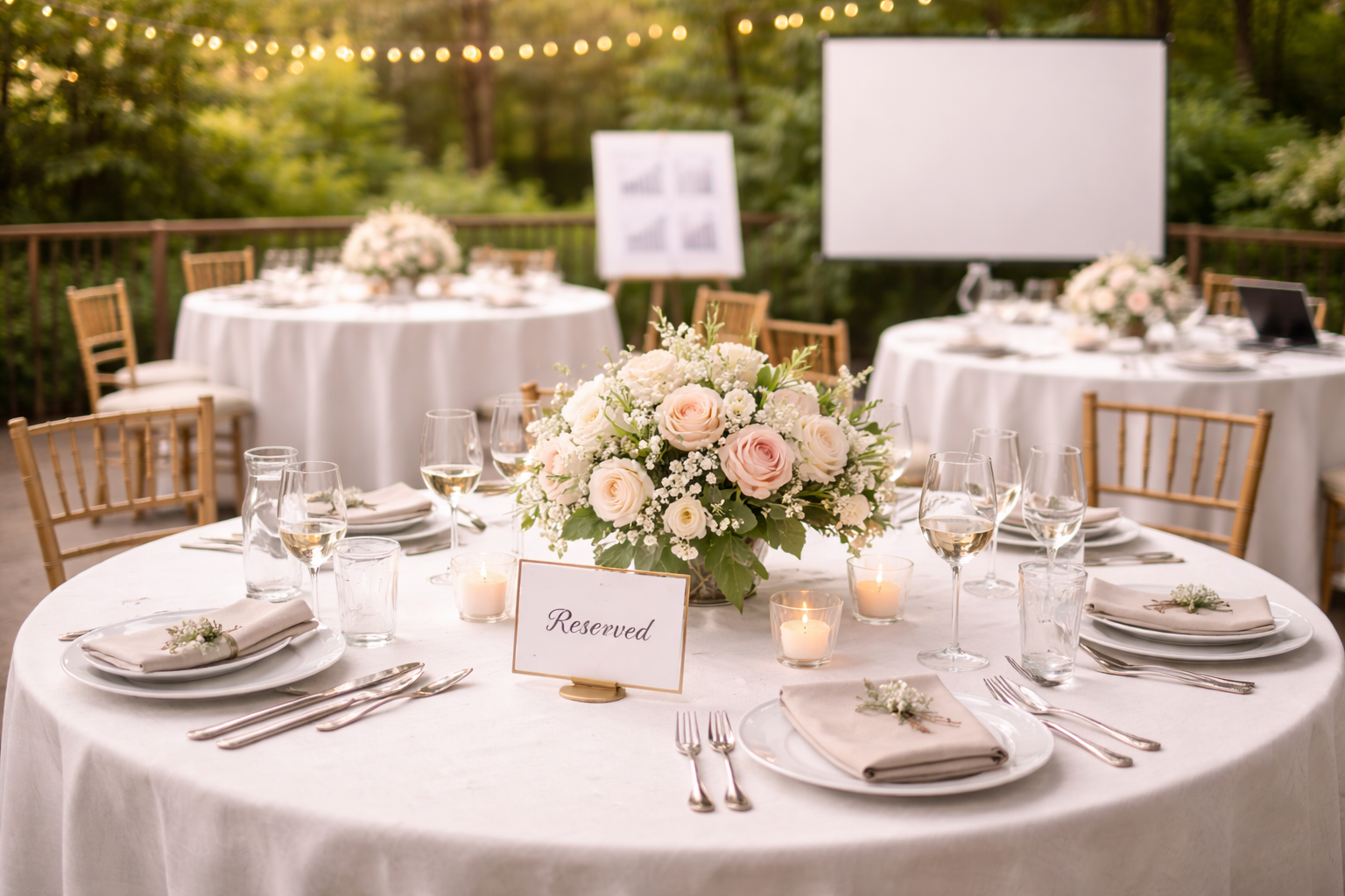 Elegant outdoor wedding reception table with white tablecloth, floral centerpiece with roses and baby's breath, candles, and reserved sign. Surrounded by gold chairs with white cushions, set with plates, silverware, napkins, and glassware. Blurred background with additional tables, a projection screen, and string lights in a lush green outdoor setting.