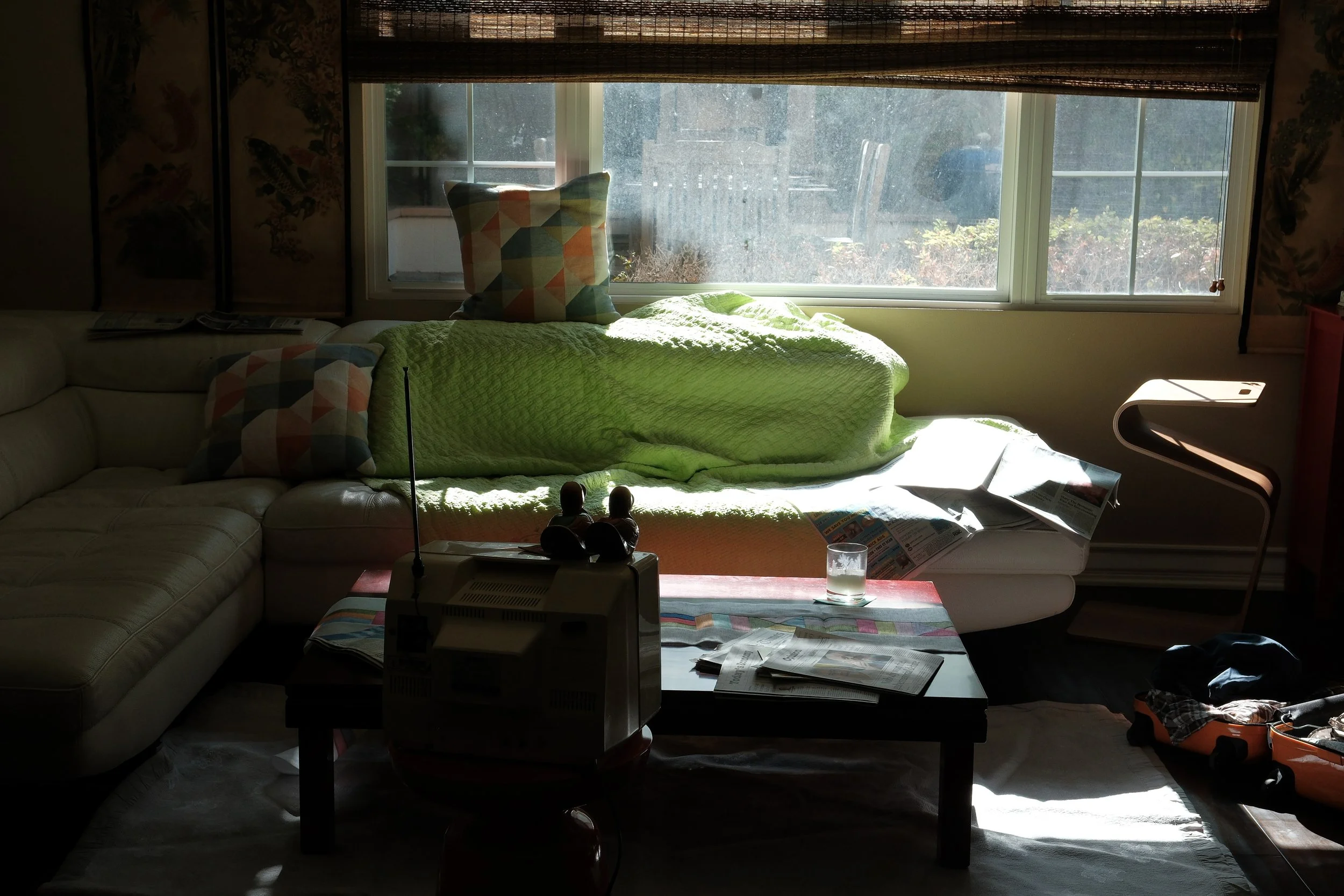 Sunlit living room with a green-covered sofa, patterned pillows, coffee table, newspapers, and a vintage television