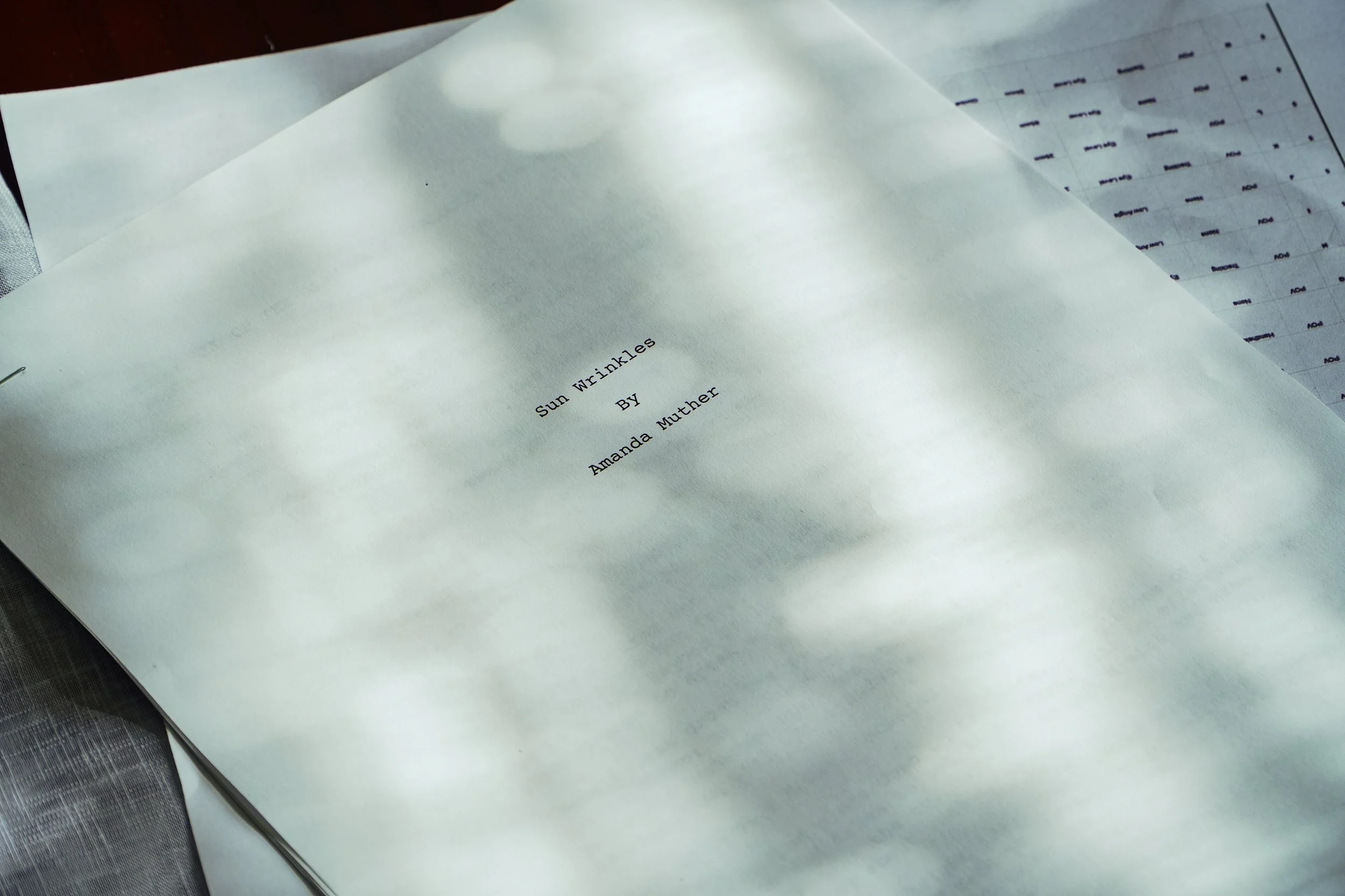 Printed manuscript titled “Sun Wrinkles” by Amanda Muthler on a desk with chart paper in the background
