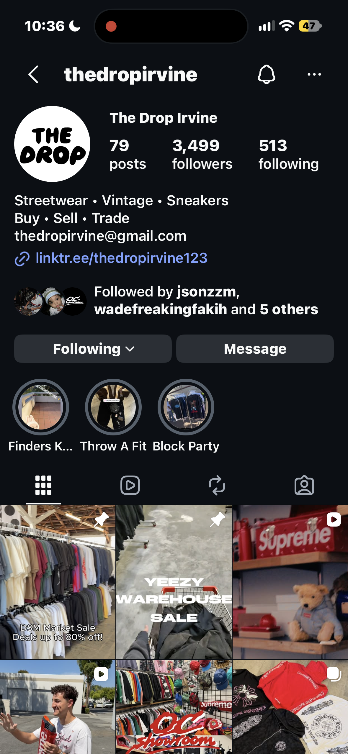 Instagram profile for The Drop Irvine, a streetwear, vintage clothing, and sneaker buy-sell-trade shop, showing its logo, contact information, highlights, and clothing-related posts.