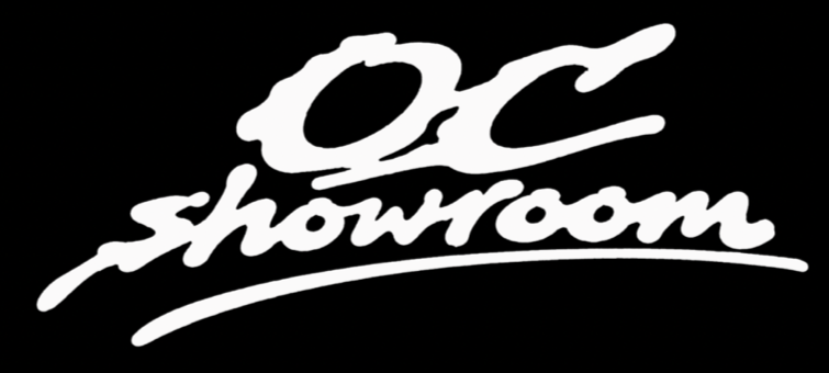 White handwritten “OC showroom” logo with an underline on a black background