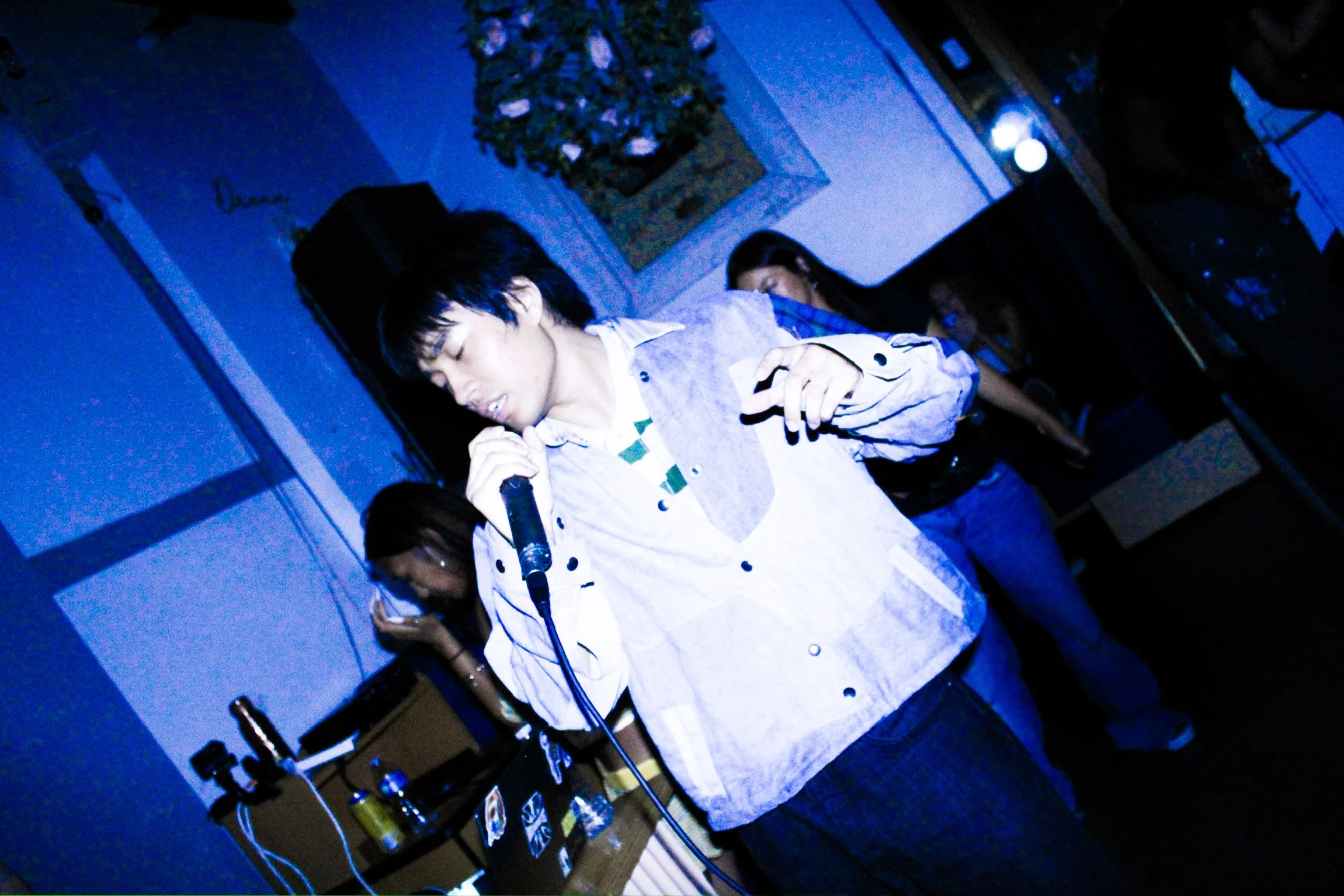 Singer performing into a microphone at a dimly lit indoor concert.