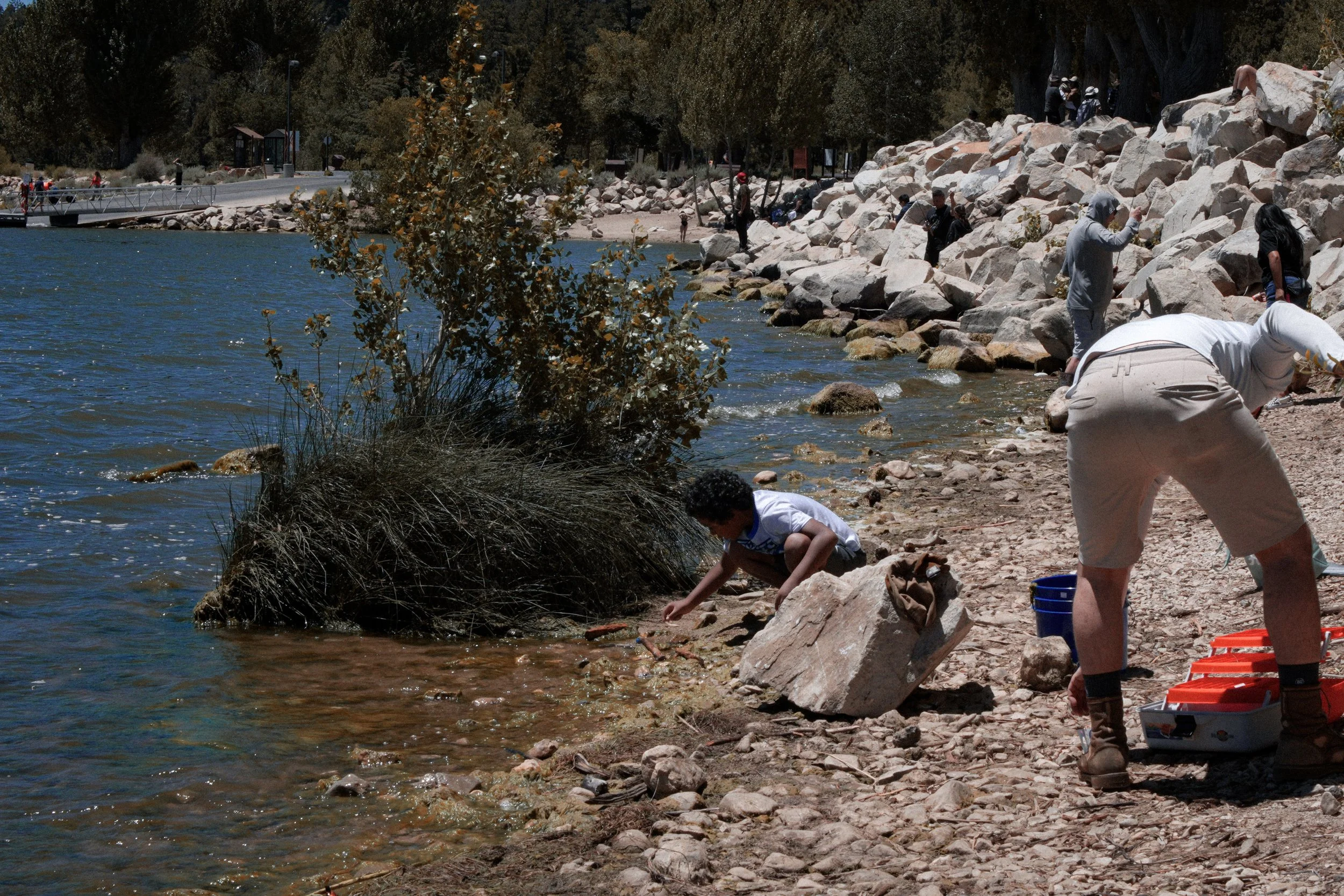 People exploring a rocky lakeshore with coolers beside blue water, trees, and a footbridge