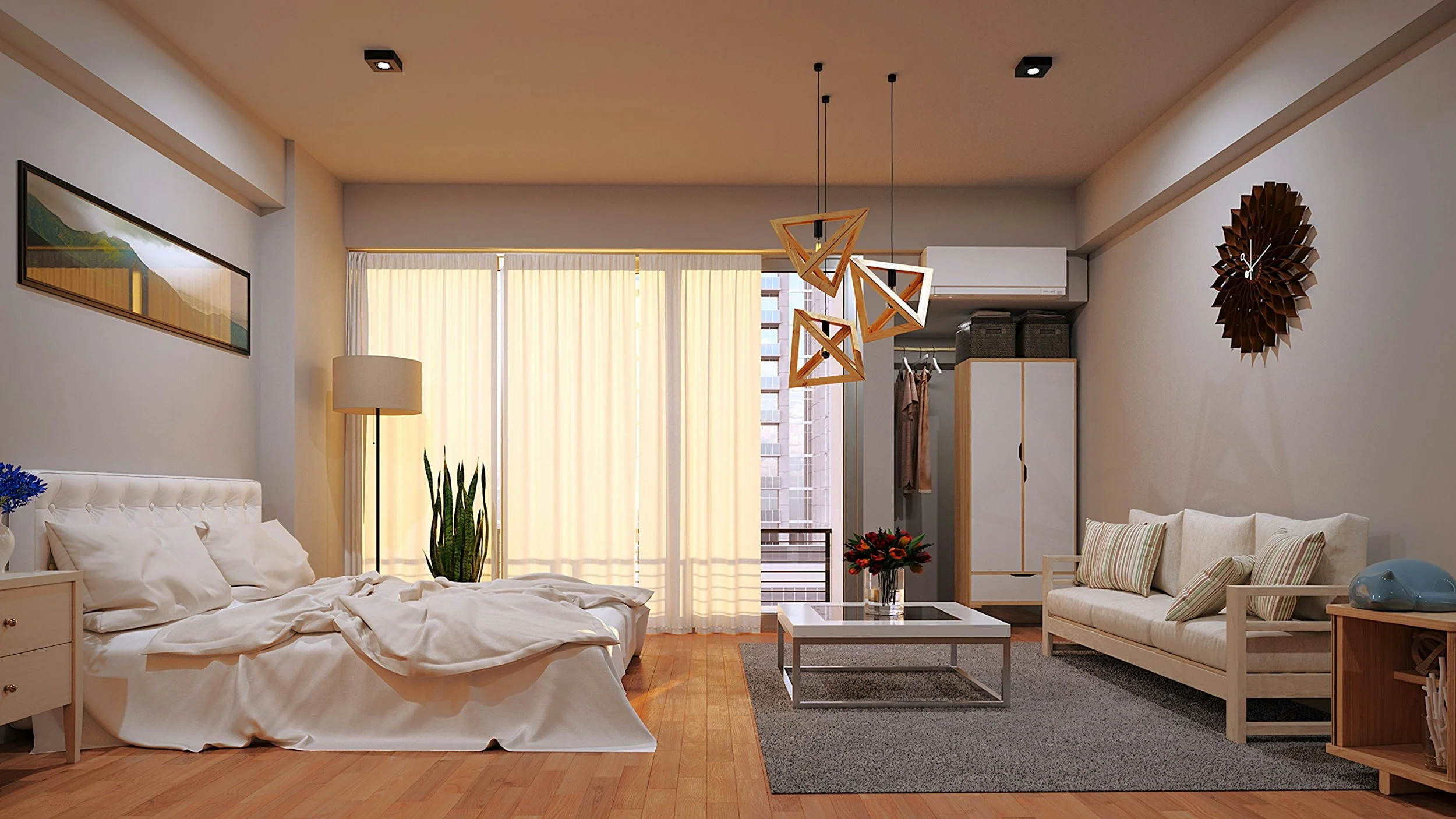 Modern living room with an unmade bed, white sofa with pillows, coffee table with flowers, large window with curtains, hanging pendant lights, wall clock, wardrobe, and balcony door.