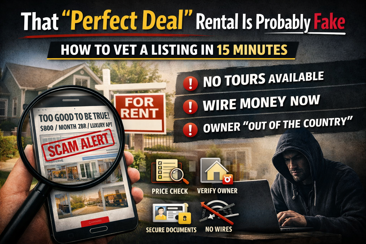 Cover image showing a phone under a magnifying glass with a “Scam Alert” rental listing, warning signs about fake rentals, and the headline “That ‘Perfect Deal’ Rental Is Probably Fake: How to Vet a Listing in 15 Minutes.”
