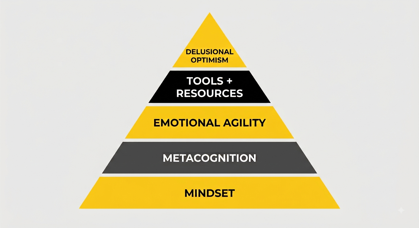 A pyramid diagram with five levels labeled from bottom to top: Mindset, Metacognition, Emotional Agility, Tools + Resources, and Delusional Optimism.