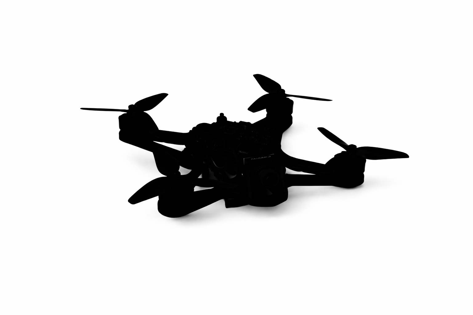 Silhouette of a drone with four propellers on a white background.