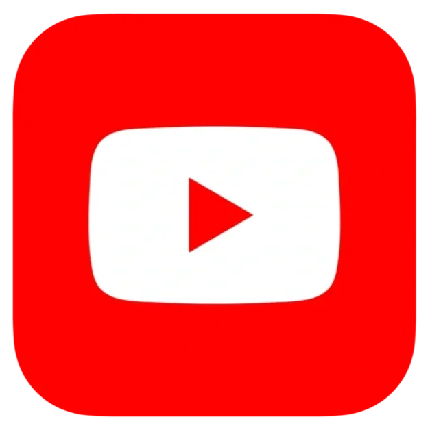 YouTube logo with a red background and white play button in the center.
