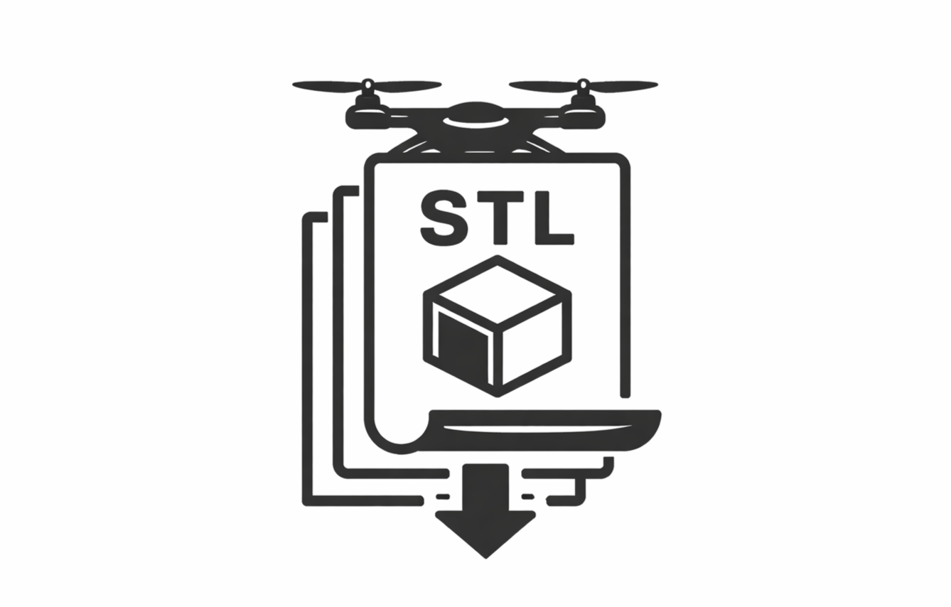 A drone carrying a package labeled 'STL' with an arrow pointing downward, surrounded by a rectangular outline.