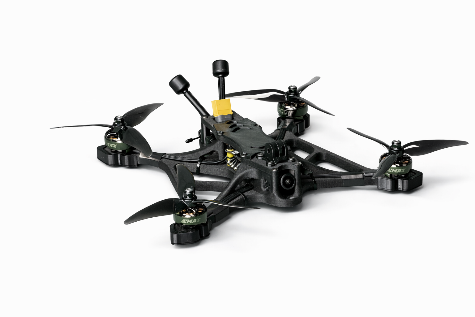 A black quadcopter drone with four propellers on a white background.