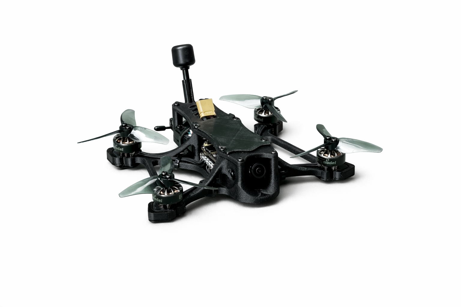 Drones with four propellers and camera mounted on black frame in white background