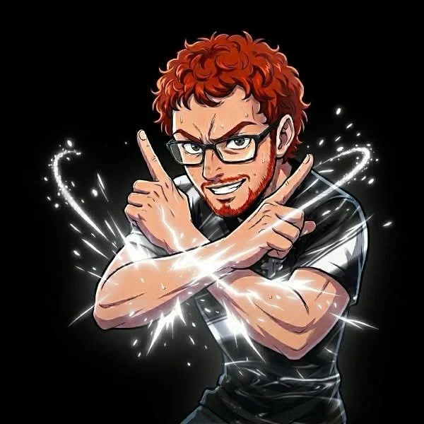 Cartoon man with glasses, red hair, and beard making an energetic pose with crossed arms, surrounded by sparkles against a black background.