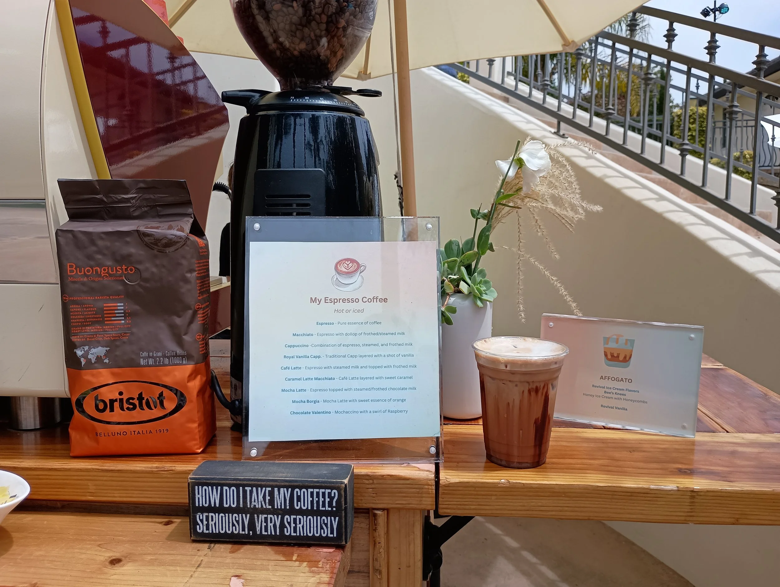 MyEspresso outdoor espresso catering setup featuring Bristot European coffee, signature iced drinks, and handcrafted menu — specialty coffee catering for Bay Area corporate events and private occasions.