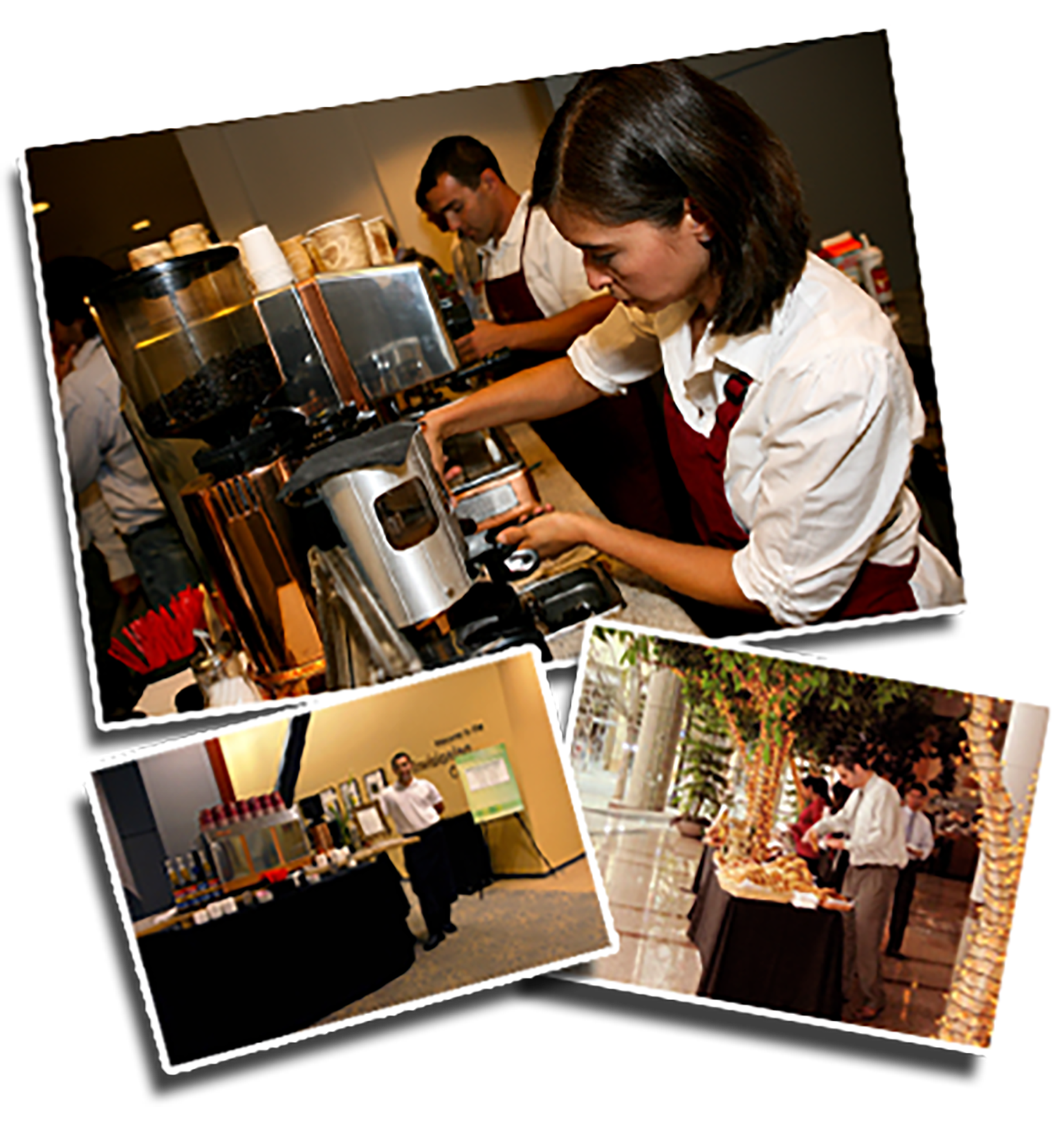 People working at a coffee station and serving area in a hotel or restaurant, with baristas preparing coffee and staff serving food.
