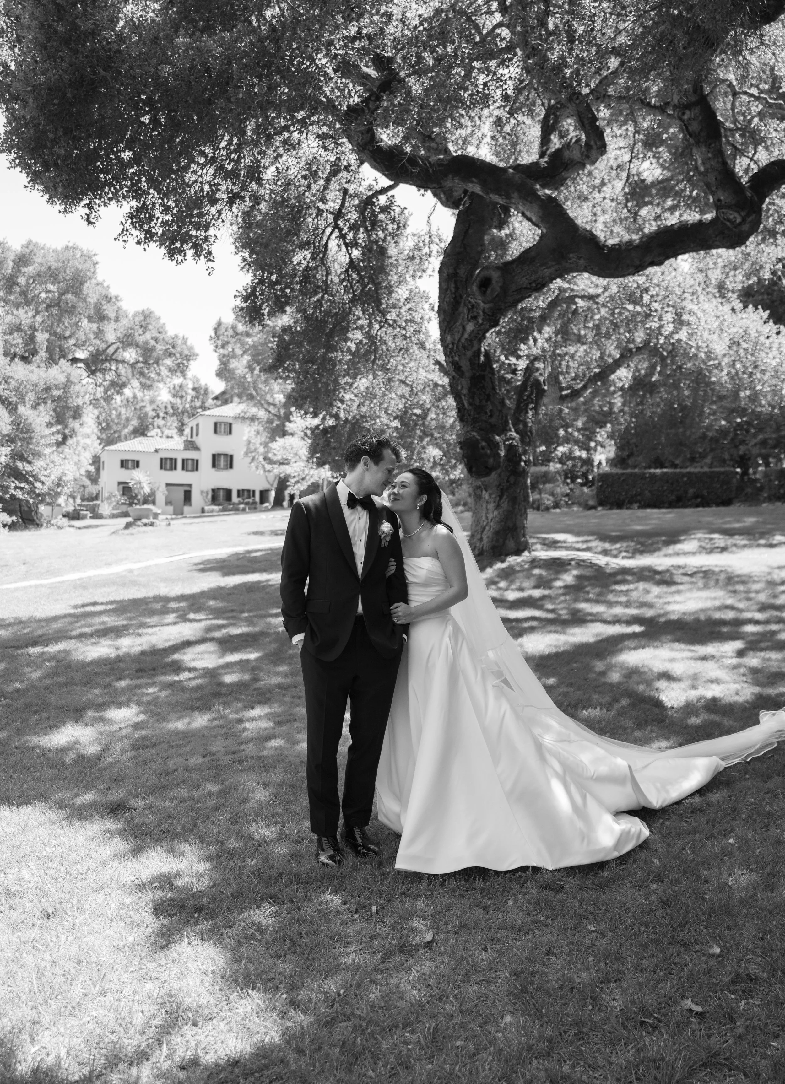 A black and white photograph of a bride and groom standing close under a large, dark, twisting tree in a garden, with a large house visible in the background.