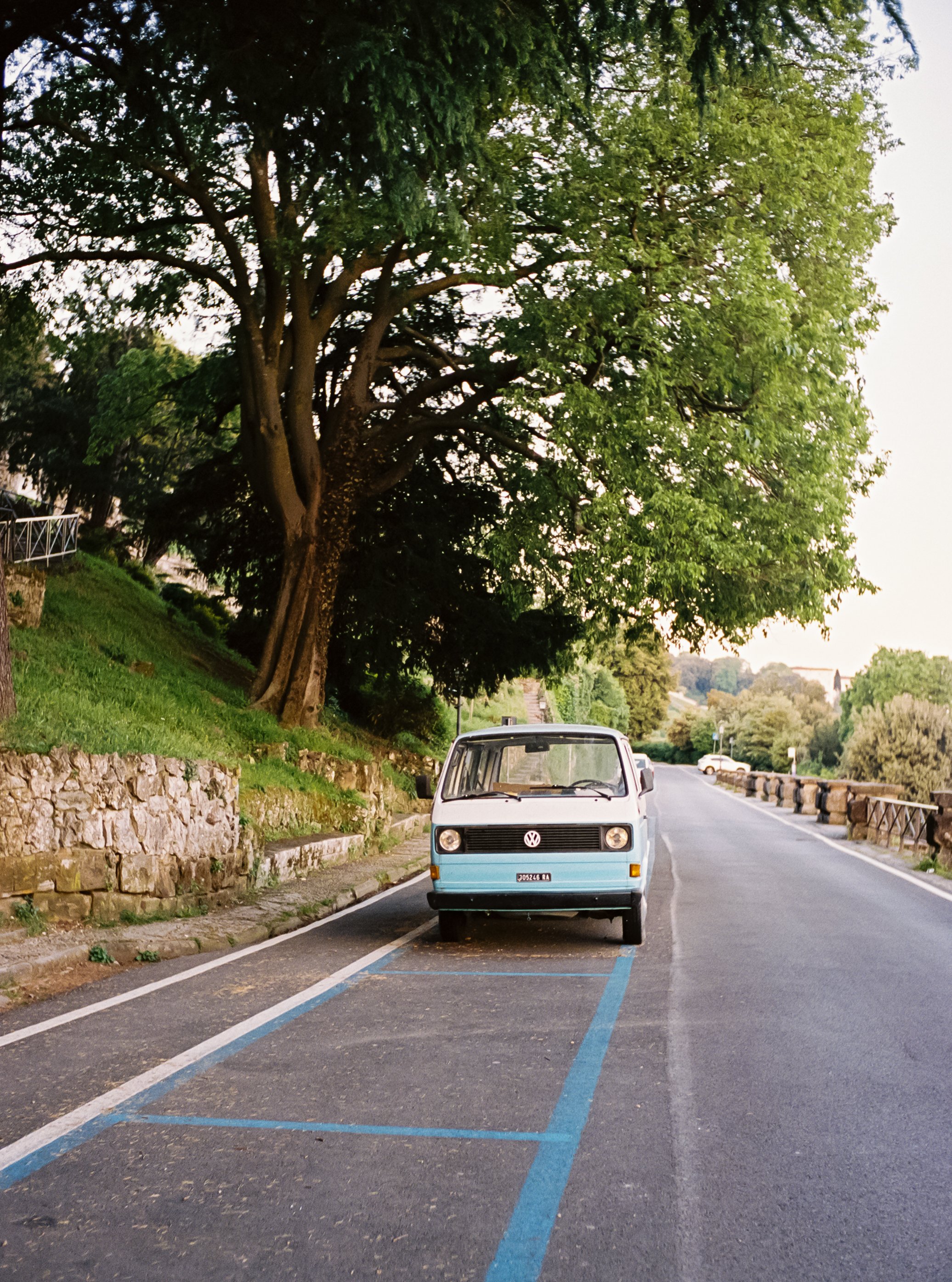 A vintage Volkswagen van parked on a residential street next to a large leafy tree, with a stone retaining wall and green grass on the left and a sidewalk and a rail on the right, during daylight.