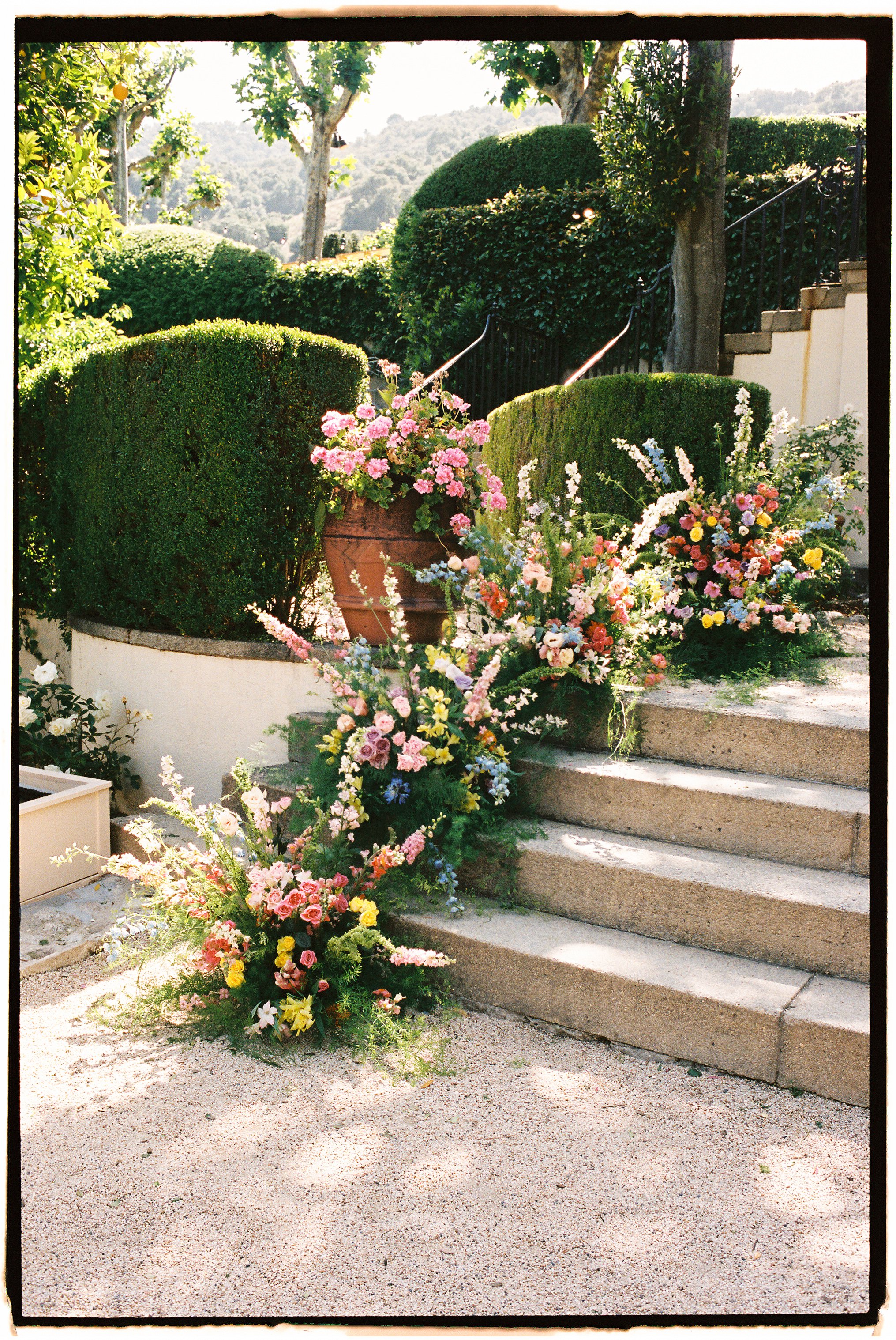 Flower arrangements along steps leading to a garden with trees and bushes, hills in the background, and a sunny sky.