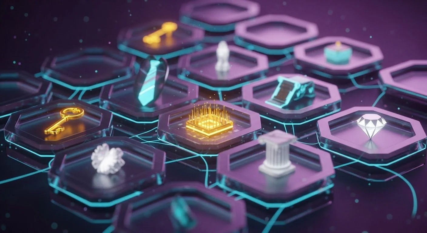 A digital illustration of a blockchain network with interconnected hexagonal nodes, each containing different icons such as a key, diamond, pillar, and microchip, representing various digital assets and technologies.