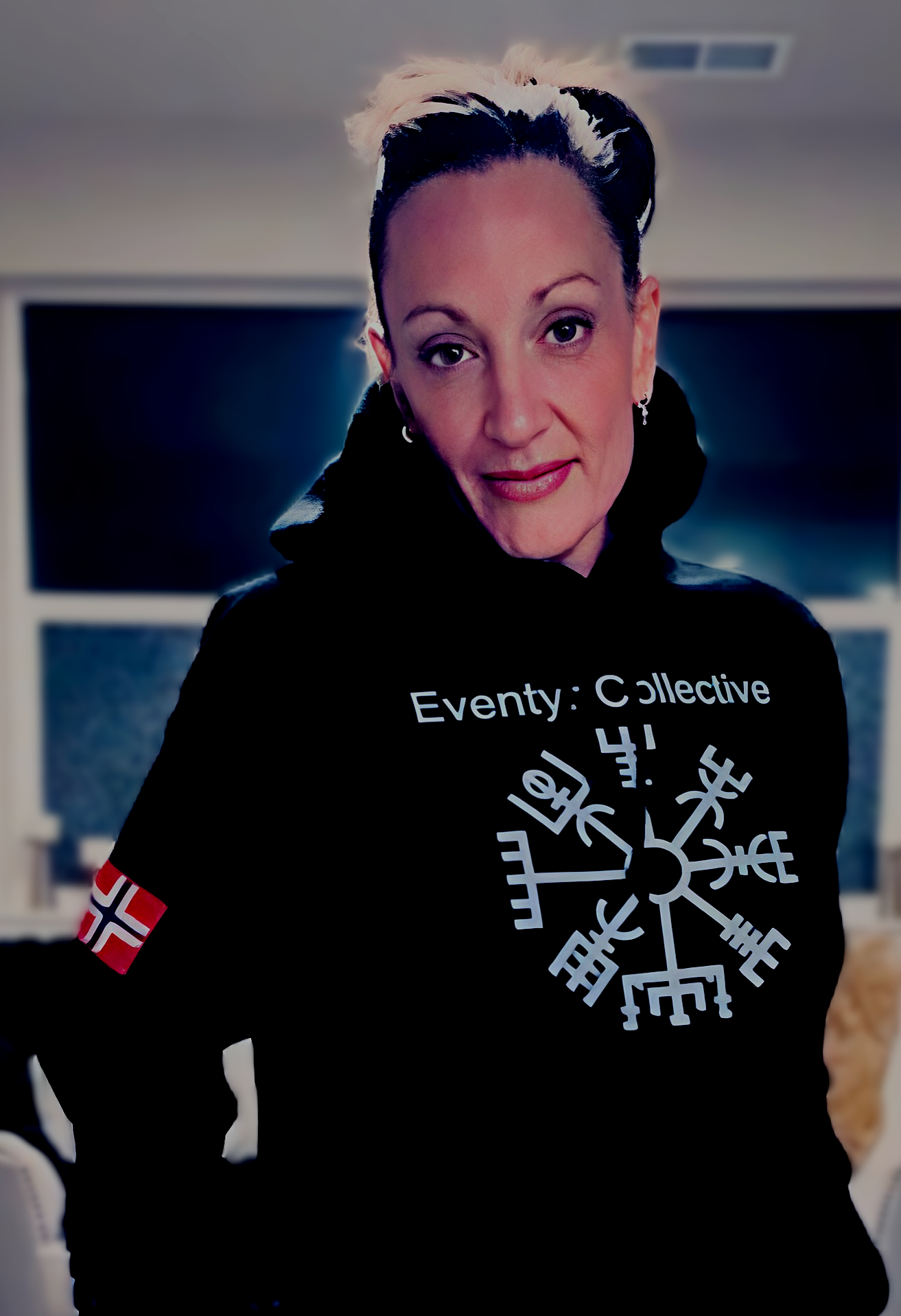 A woman with dark hair styled with white streaks, wearing earrings and a black hoodie with a Nordic design and a Norwegian flag patch on the sleeve. The hoodie has text that reads 'Eventy: Collectve' with some of it obscured. She is indoors with wind